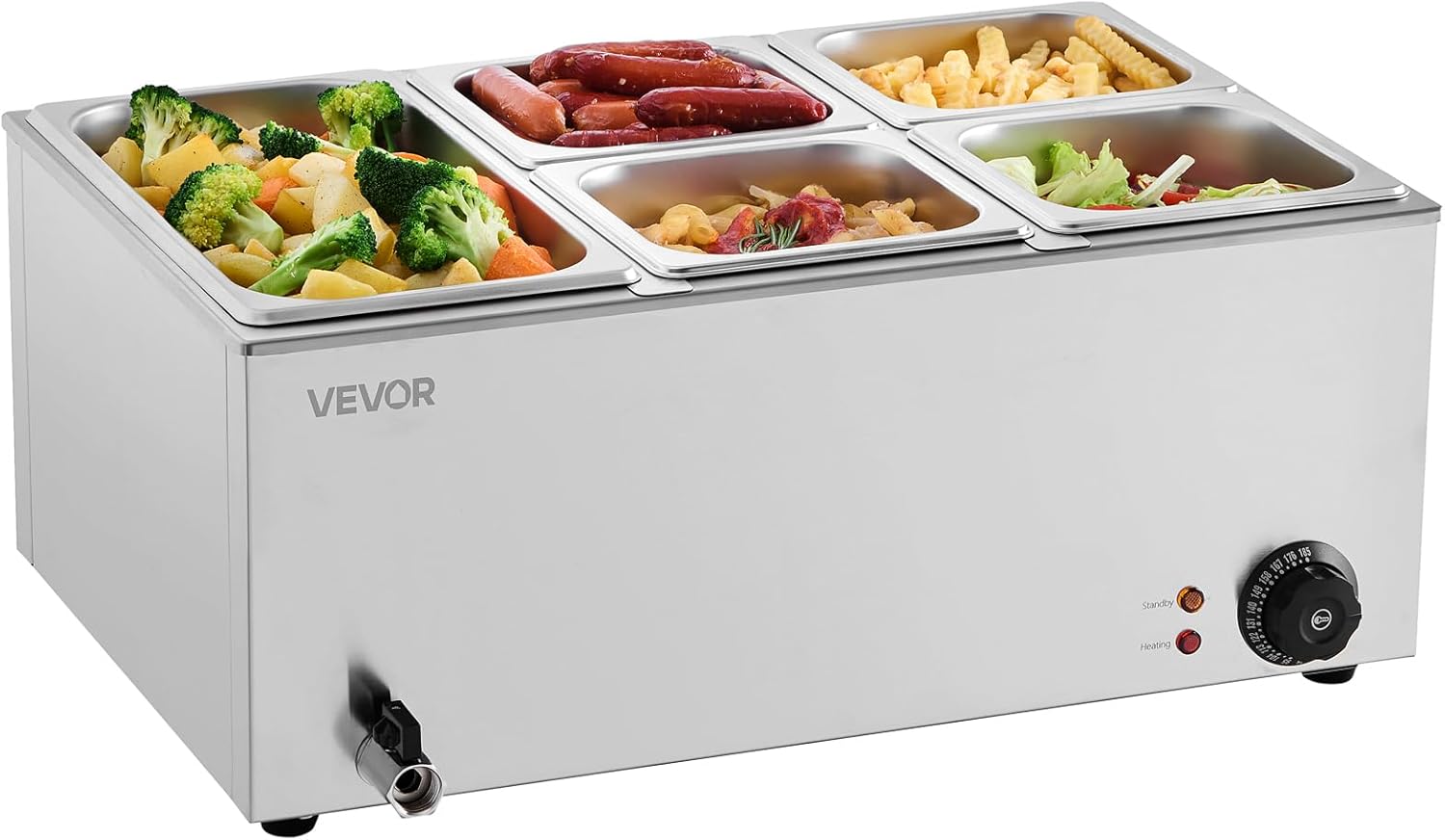 VEVOR Commercial Food Warmer, 1500W Electric Stainless Steel Steam Food Warmer with Lid, 6-Pan Fast Heating Countertop Buffet Bain Marie with Soup & Perforated Ladles, for Catering, Restaurant, Party