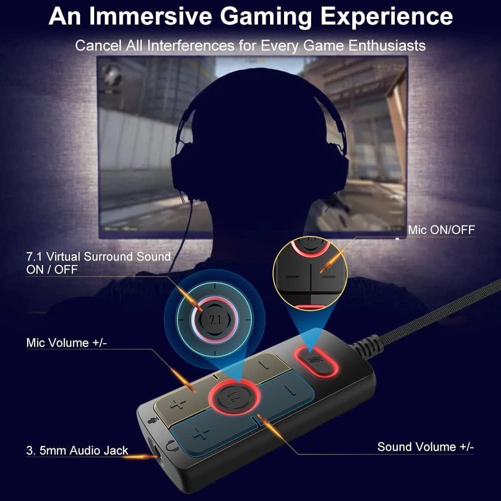 1Mii USB Sound Card - 3.5mm Jack Audio Adapter - Virtual 7.1 Surround Sound - USB Adapter for PS4/PC/MAC/Stereo Headsets, External Sound Card No Drivers Needed Plug and Play