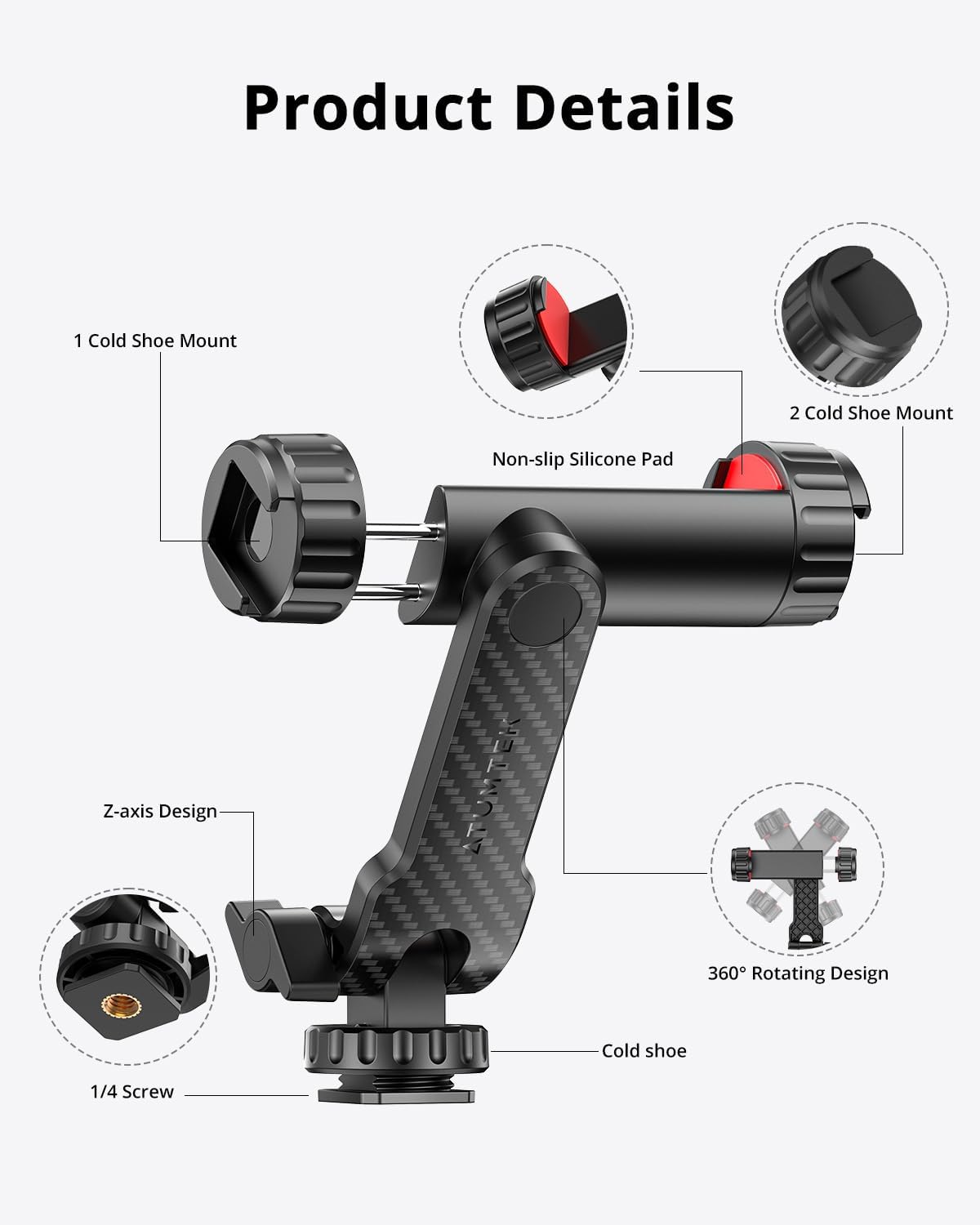 ATUMTEK Phone Tripod Mount, Universal Smartphone Mount Adapter with 2 Cold Shoe and 1/4" Standard Screw, 360° Rotates and 180° Tilts Adjustable Cell Phone Clamp Holder for Perfect Mobile Photography