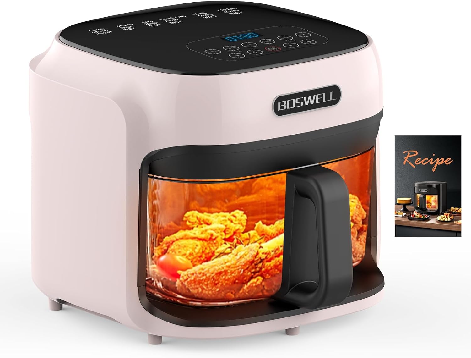 BOSWELL Glass Air Fryer, 7.5QT with Transparent Fry Bowl, Circulating Heating, Temperature Control, Air Fryer Roast, Dishwasher Safe