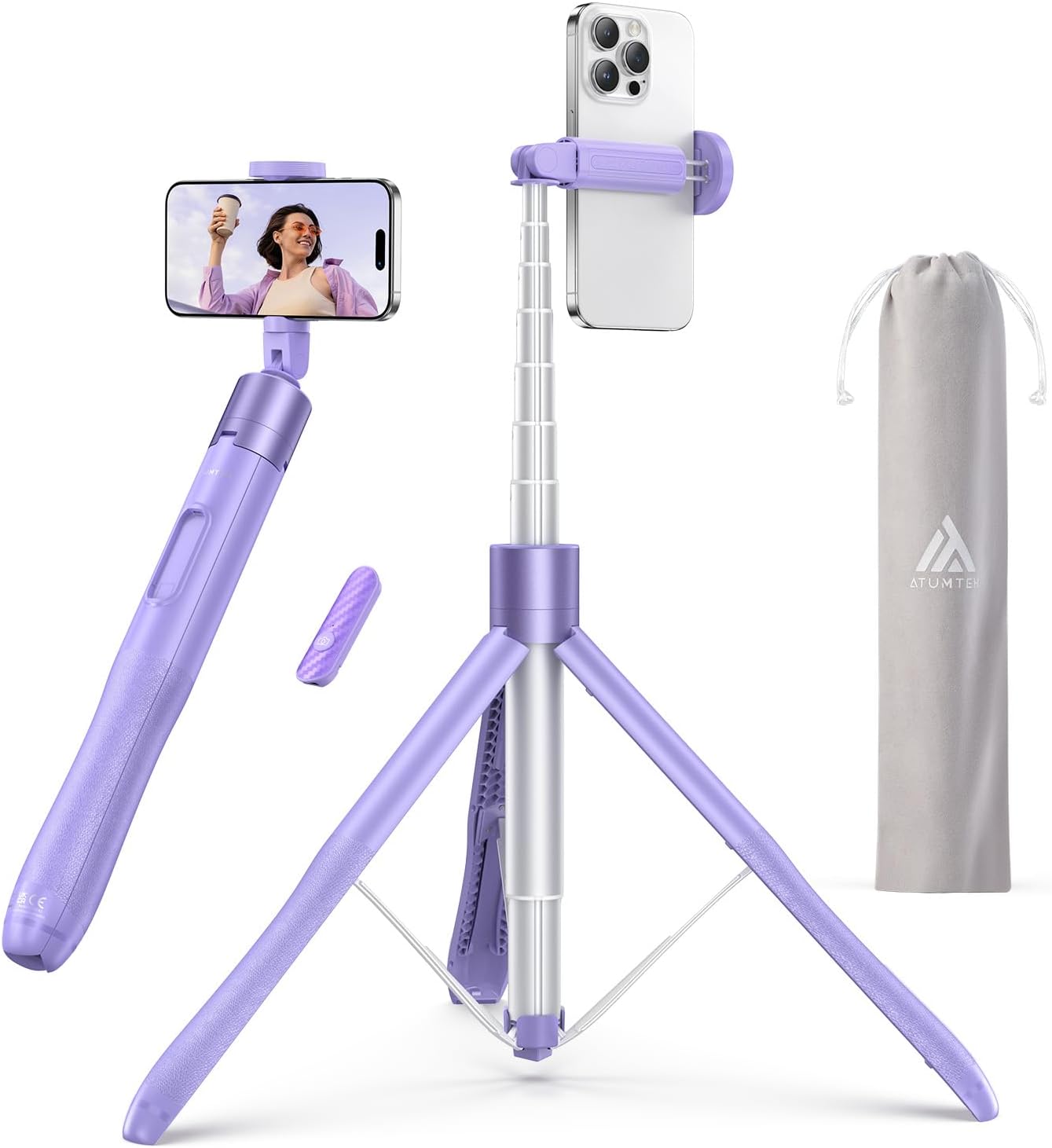 ATUMTEK 55" Selfie Stick Tripod, All-in-one Extendable Aluminum Phone Tripod with Rechargeable Bluetooth Remote for iPhone and More, Fitting 4.7-7 inch Smartphones, Pink