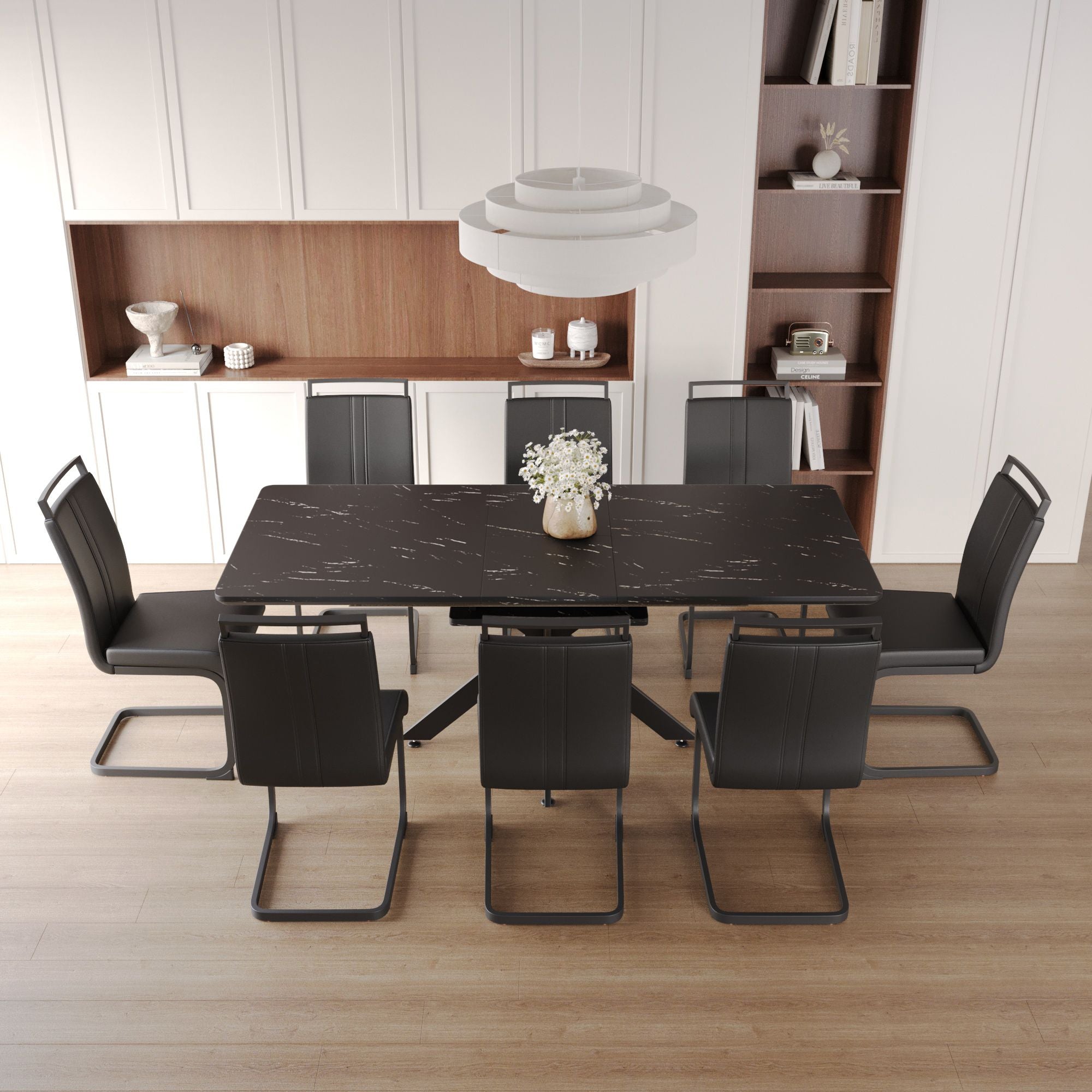 62.4" extendable 78.15" dining Table Set for 6-8 Person for Dining Room,C-shaped Tube Soft padded armless dining chair and Very large Dining Room Table Kitchen Table Chair Set with metal Legs