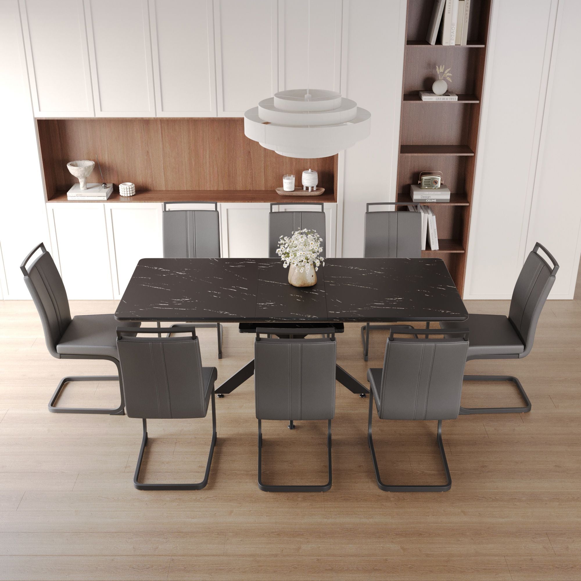 62.4" extendable 78.15" dining Table Set for 6-8 Person for Dining Room,C-shaped Tube Soft padded armless dining chair and Very large Dining Room Table Kitchen Table Chair Set with metal Legs