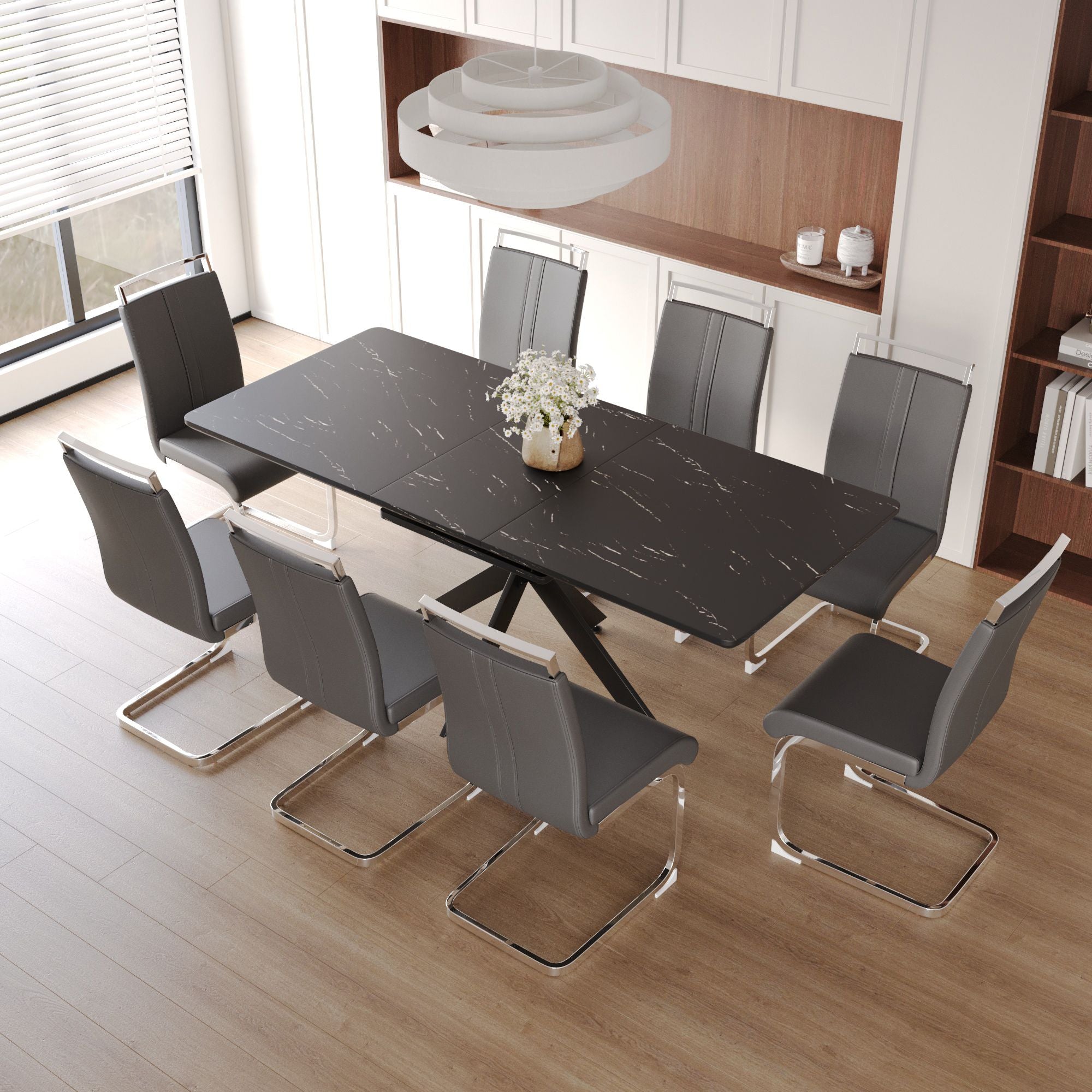 62.4" extendable 78.15" dining Table Set for 6-8 Person for Dining Room,C-shaped Tube Soft padded armless dining chair and Very large Dining Room Table Kitchen Table Chair Set with metal Legs