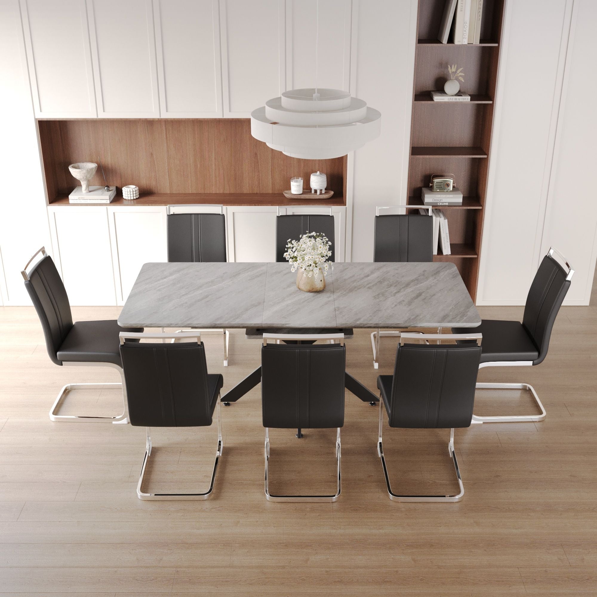 62.4" extendable 78.15" dining Table Set for 6-8 Person for Dining Room,C-shaped Tube Soft padded armless dining chair and Very large Dining Room Table Kitchen Table Chair Set with metal Legs
