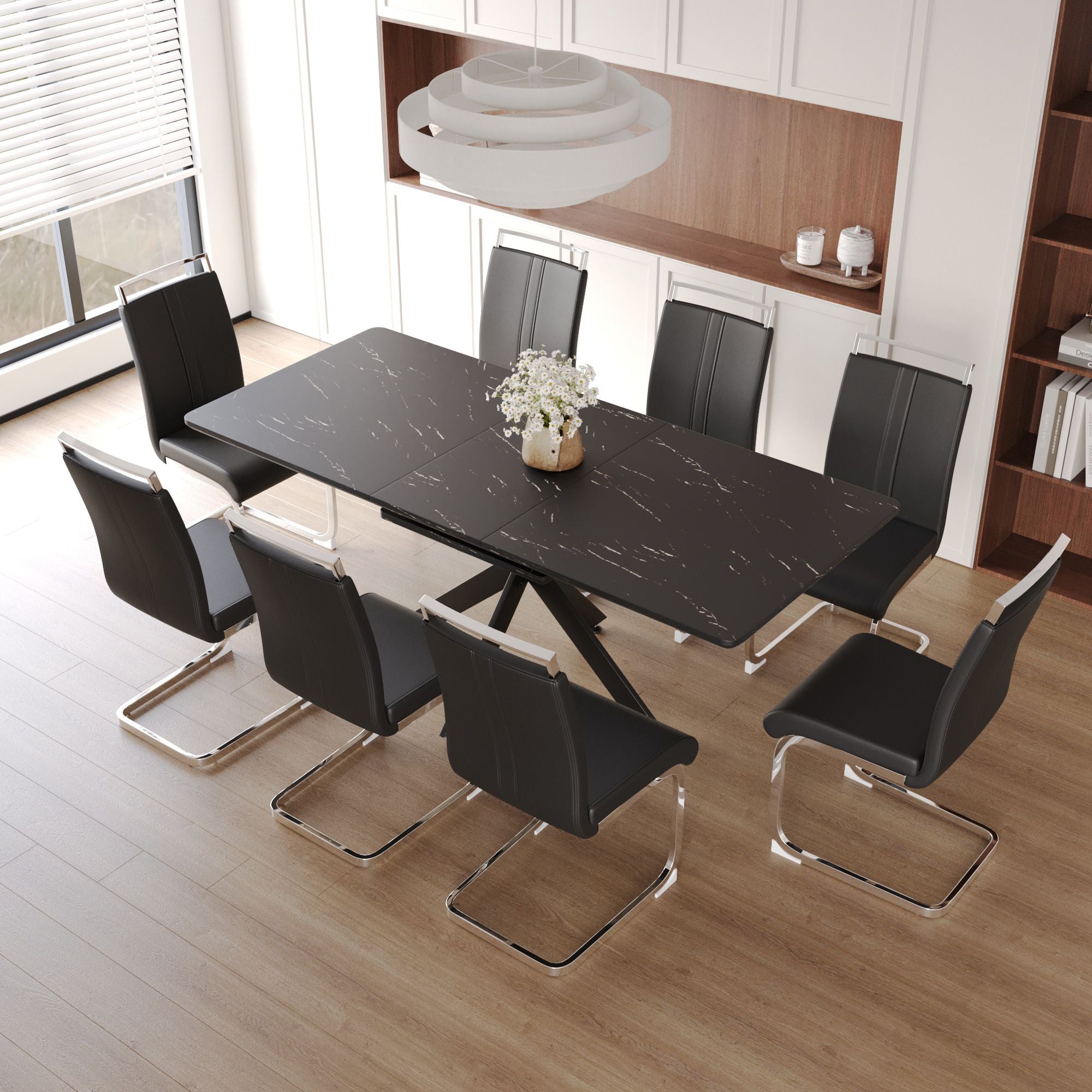62.4" extendable 78.15" dining Table Set for 6-8 Person for Dining Room,C-shaped Tube Soft padded armless dining chair and Very large Dining Room Table Kitchen Table Chair Set with metal Legs