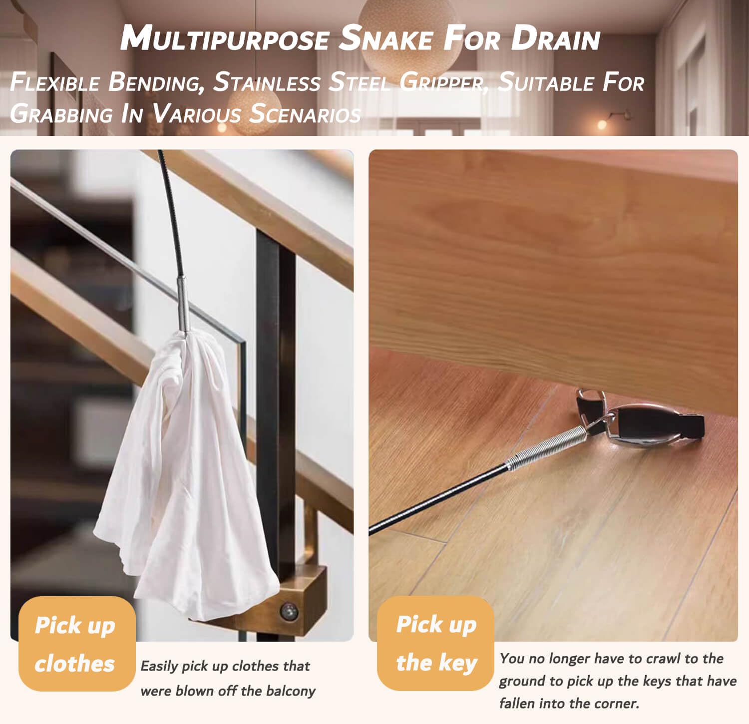 63 Inch Sink Drain Snake, Drain Clog Remove Tool With 4 Claws, Flexible Grabber Claw Pick Up Tool, Drain Snake Hair Drain Clog Remover Tool, Home Sink And Toilet Drain Cleaner Tool