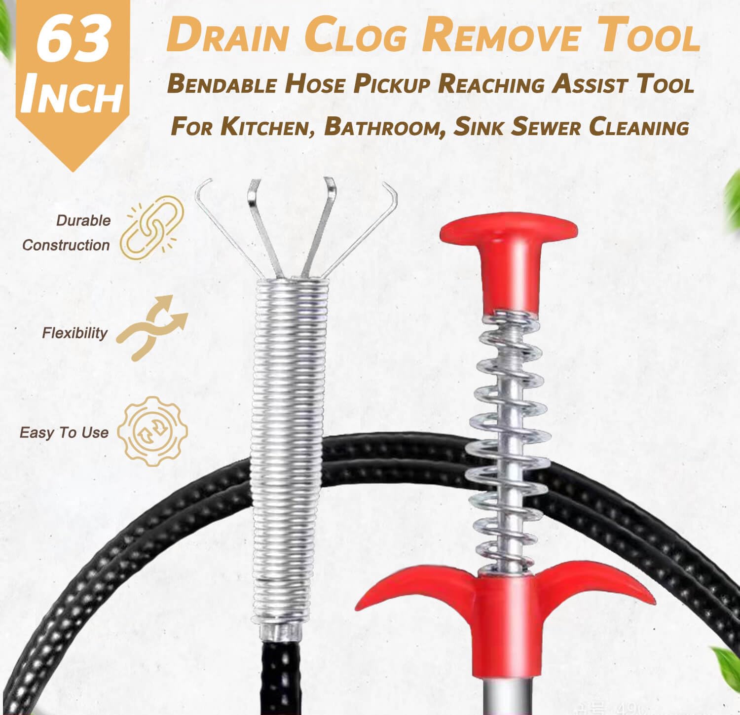 63 Inch Sink Drain Snake, Drain Clog Remove Tool With 4 Claws, Flexible Grabber Claw Pick Up Tool, Drain Snake Hair Drain Clog Remover Tool, Home Sink And Toilet Drain Cleaner Tool