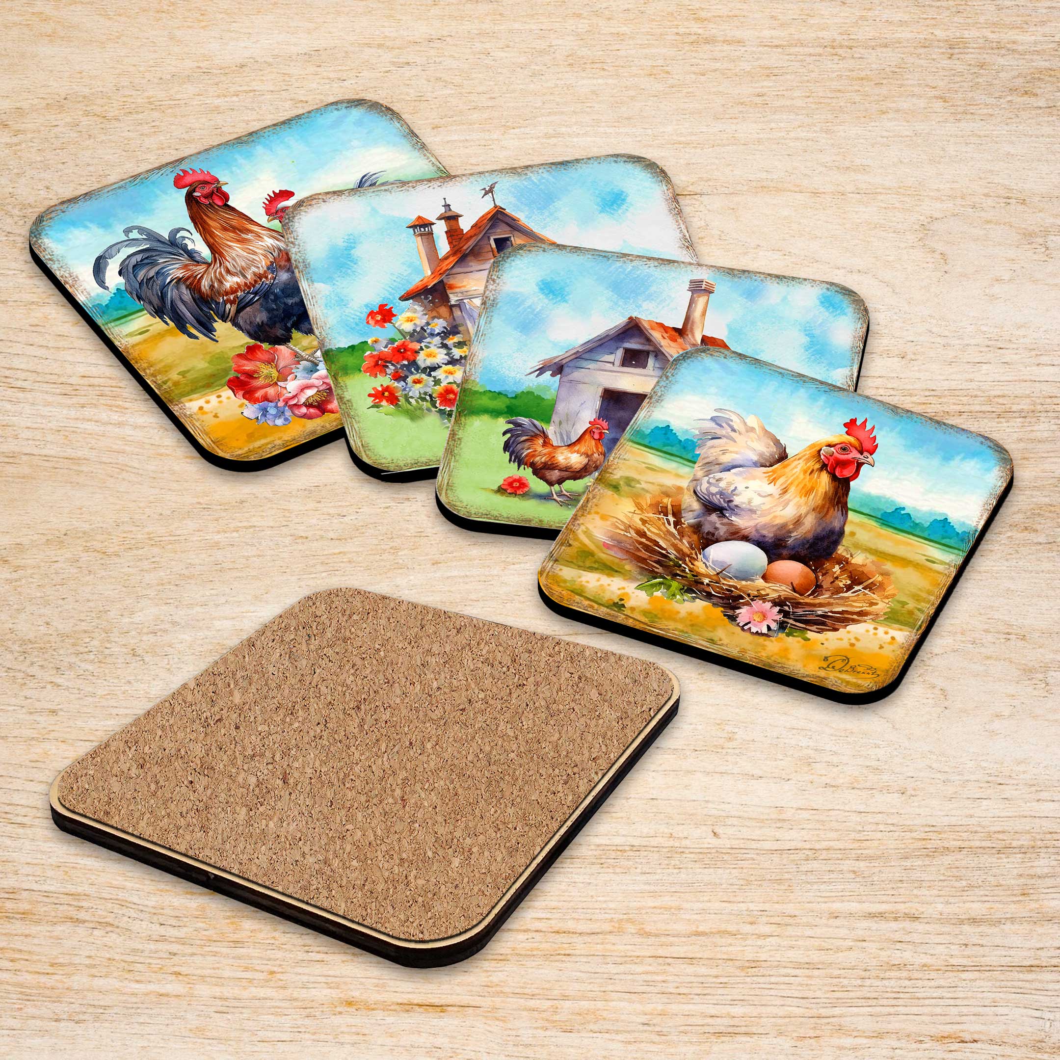 Spring on a Farm Wooden Cork Coasters Gift Set of 4 by G. Debrekht - Easter Spring Decor - 8199436C-S4