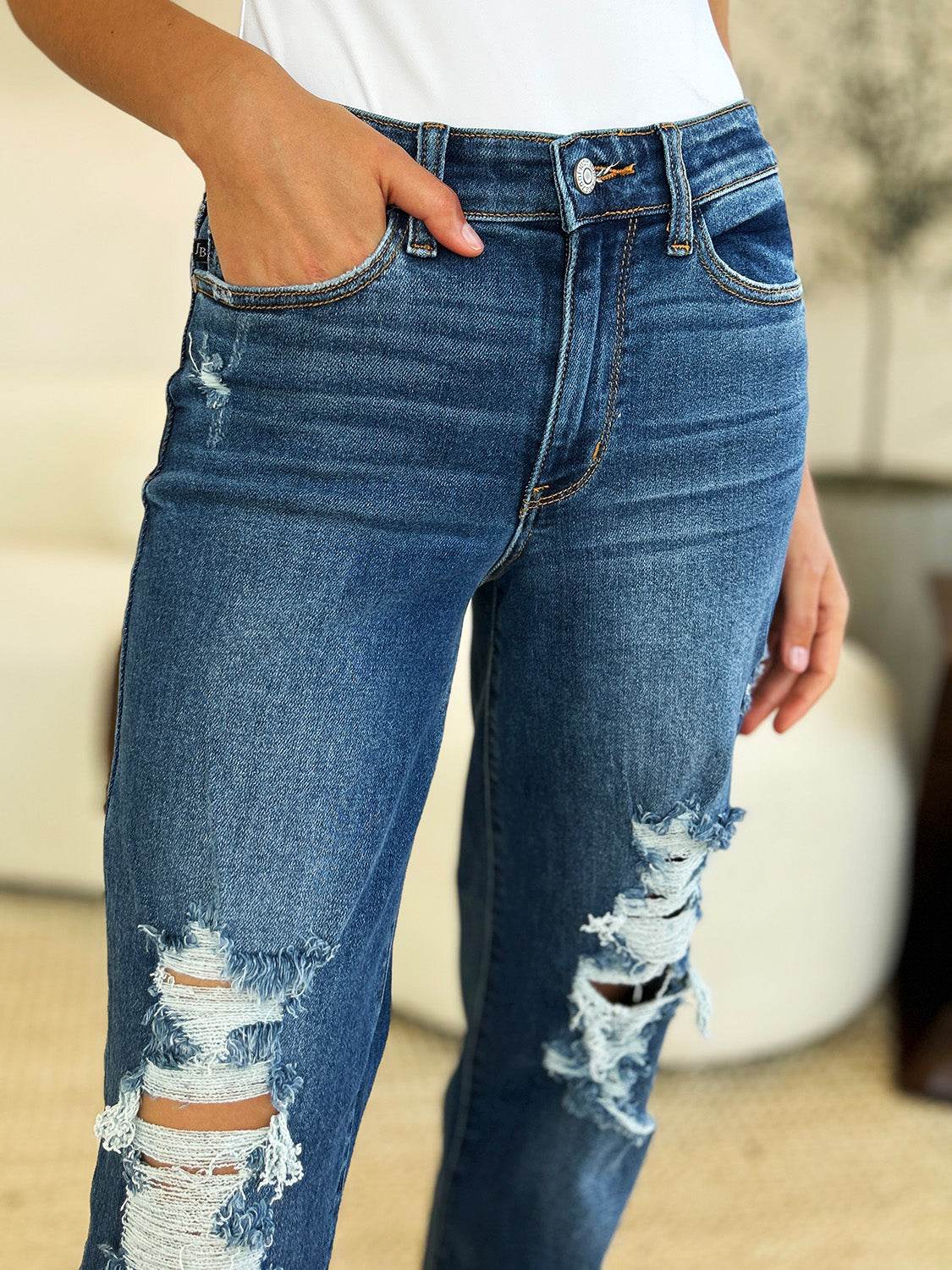 Judy Blue Full Size Mid Rise Distressed Raw Hem Women Jeans