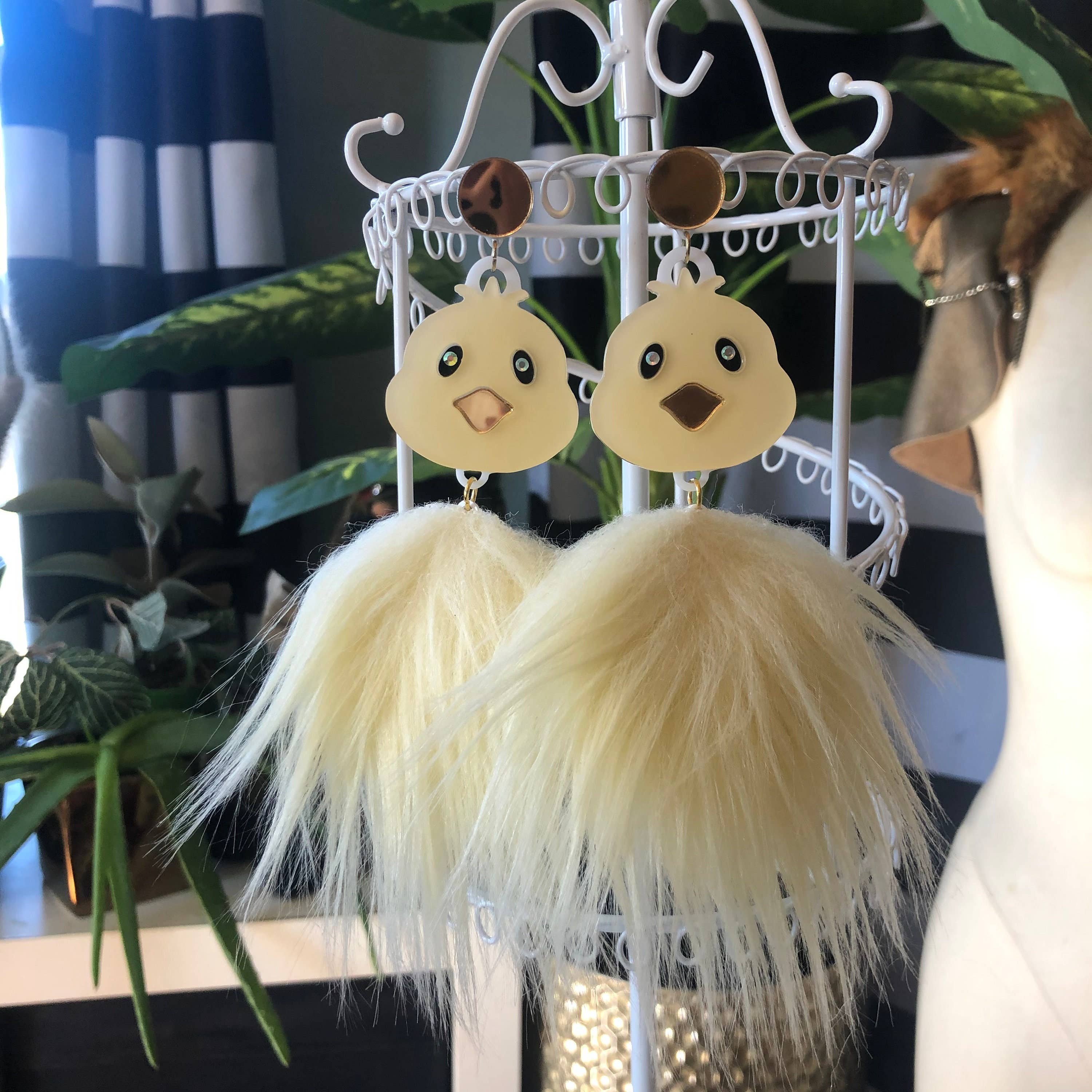 Pom Pom Fluffy Furry Chick Easter Earrings
