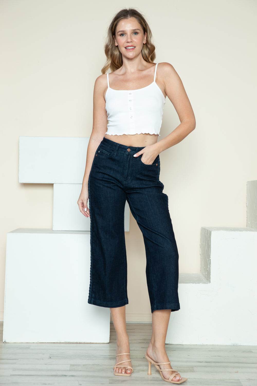 Judy Blue Full Size Side Seam Braid Detail Crop Wide Leg Women Jeans