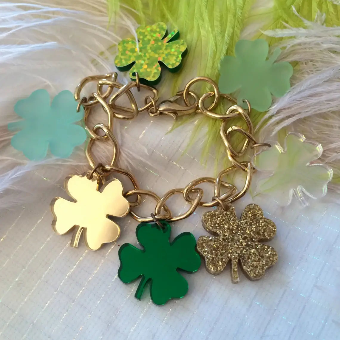 Green and Gold Shamrock Clover Charm Bracelet
