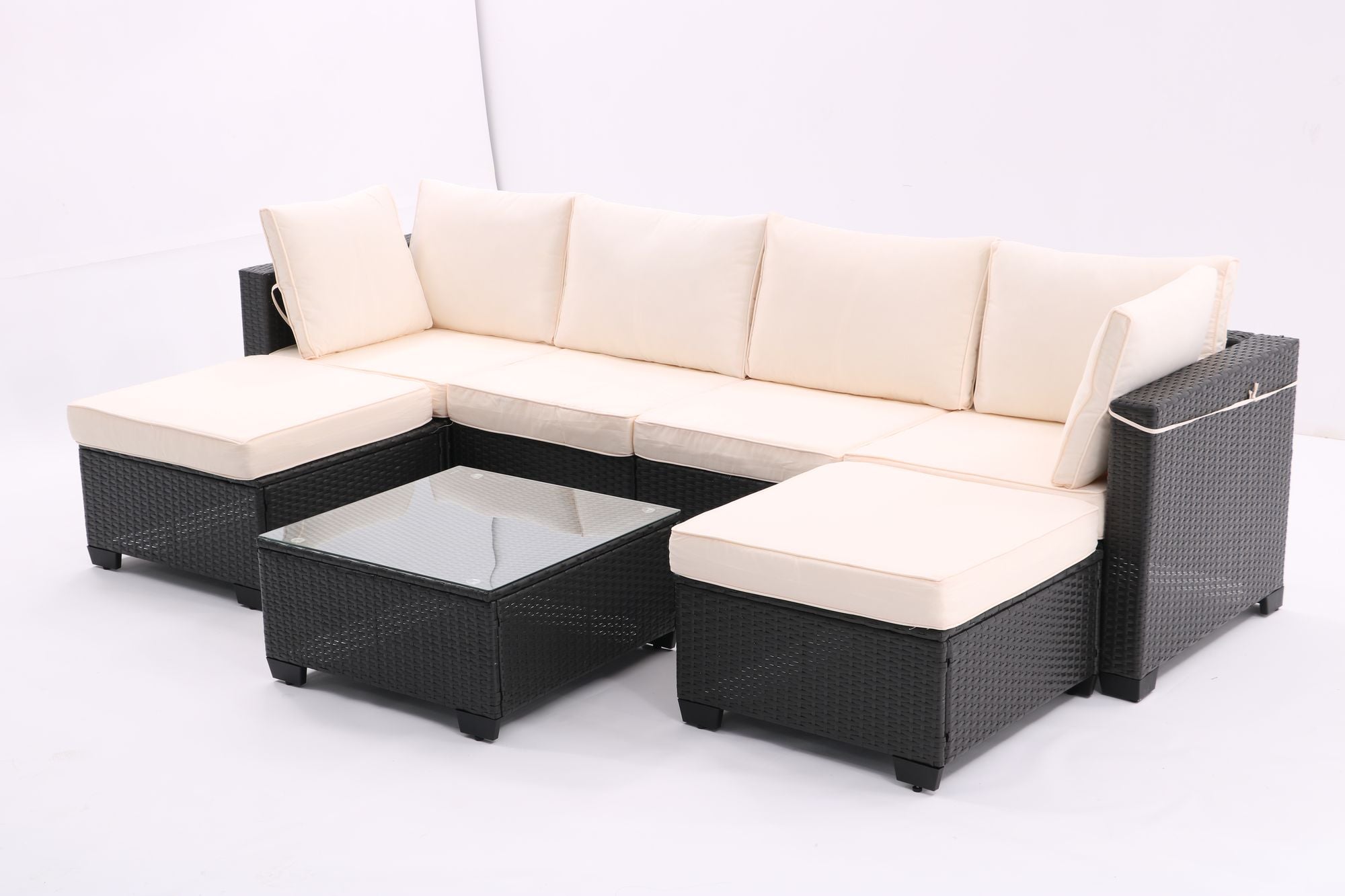 7 Pieces Outdoor Patio Furniture Set,Sectional Conversation Sofa Of Corner Chairs,Ottomans And Glass Top Table,All Weather PE Rattan and Steel Frame With Removable Cushions