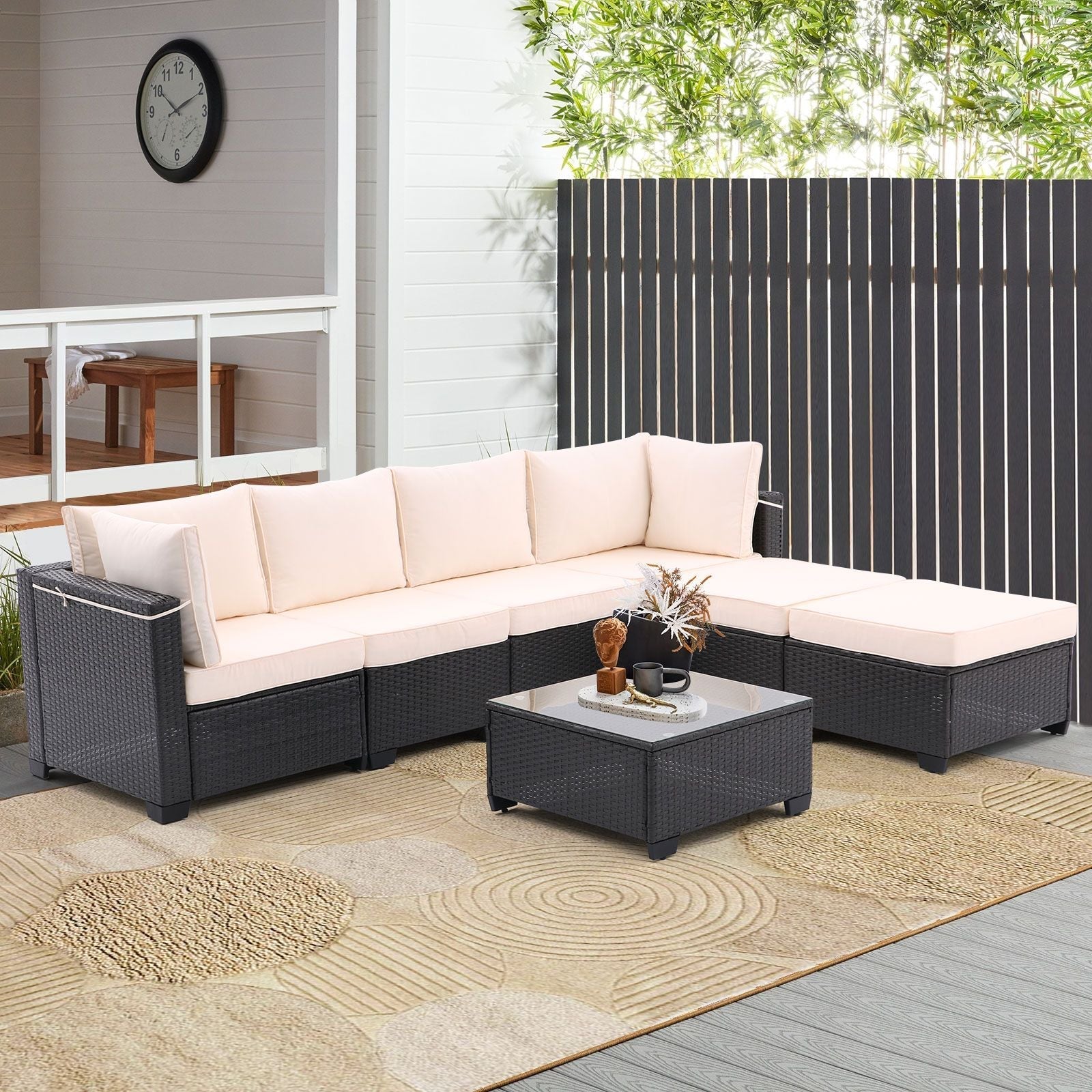 7 Pieces Outdoor Patio Furniture Set,Sectional Conversation Sofa Of Corner Chairs,Ottomans And Glass Top Table,All Weather PE Rattan and Steel Frame With Removable Cushions