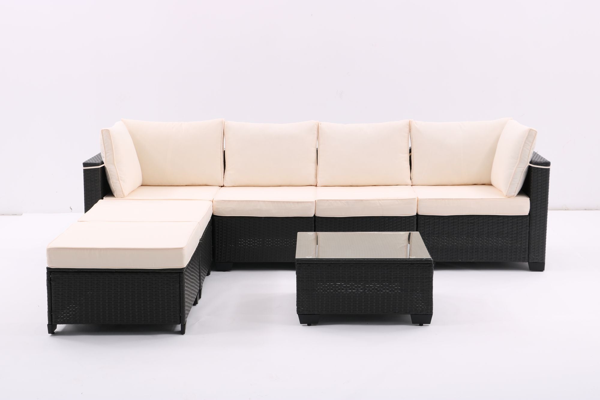 7 Pieces Outdoor Patio Furniture Set,Sectional Conversation Sofa Of Corner Chairs,Ottomans And Glass Top Table,All Weather PE Rattan and Steel Frame With Removable Cushions