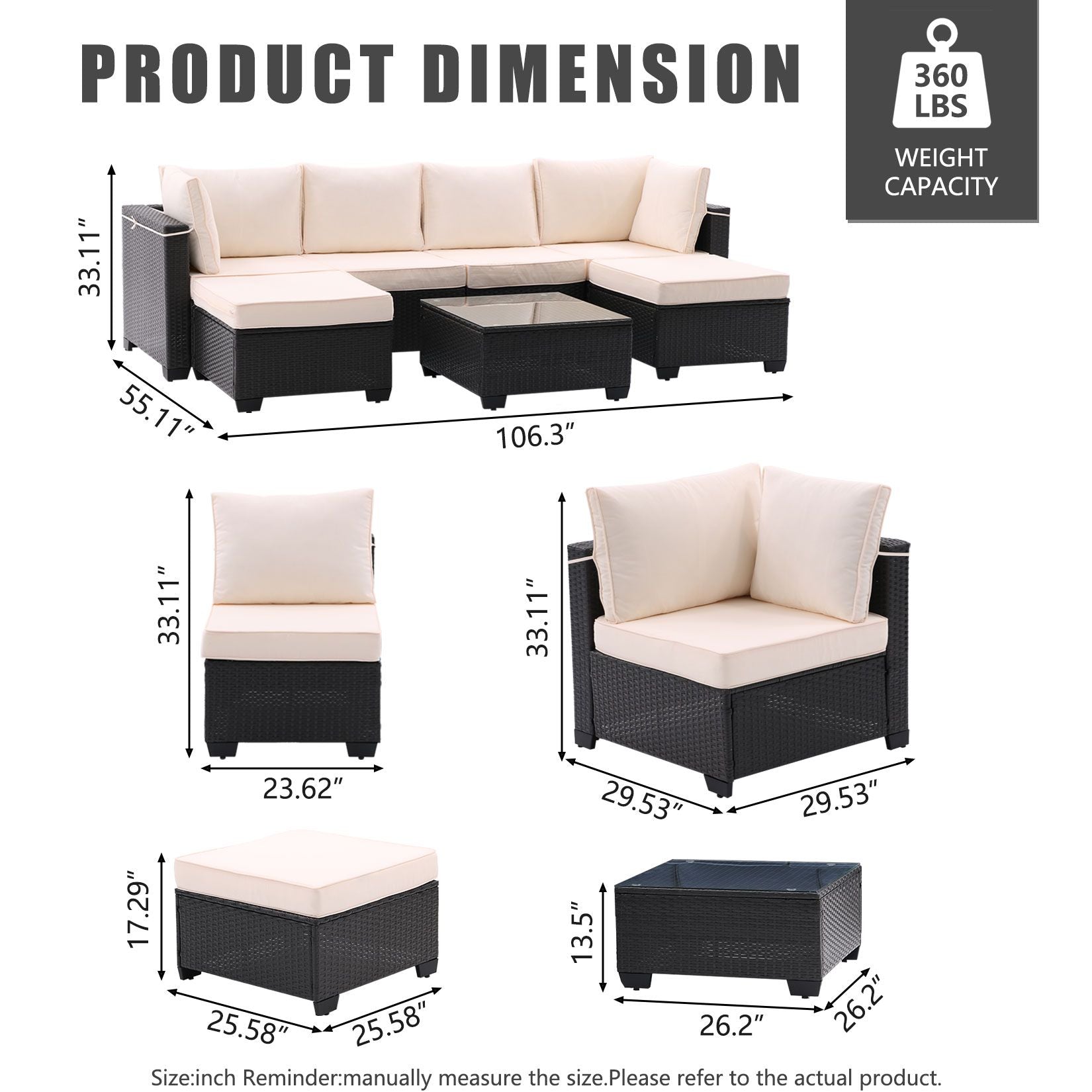 7 Pieces Outdoor Patio Furniture Set,Sectional Conversation Sofa Of Corner Chairs,Ottomans And Glass Top Table,All Weather PE Rattan and Steel Frame With Removable Cushions