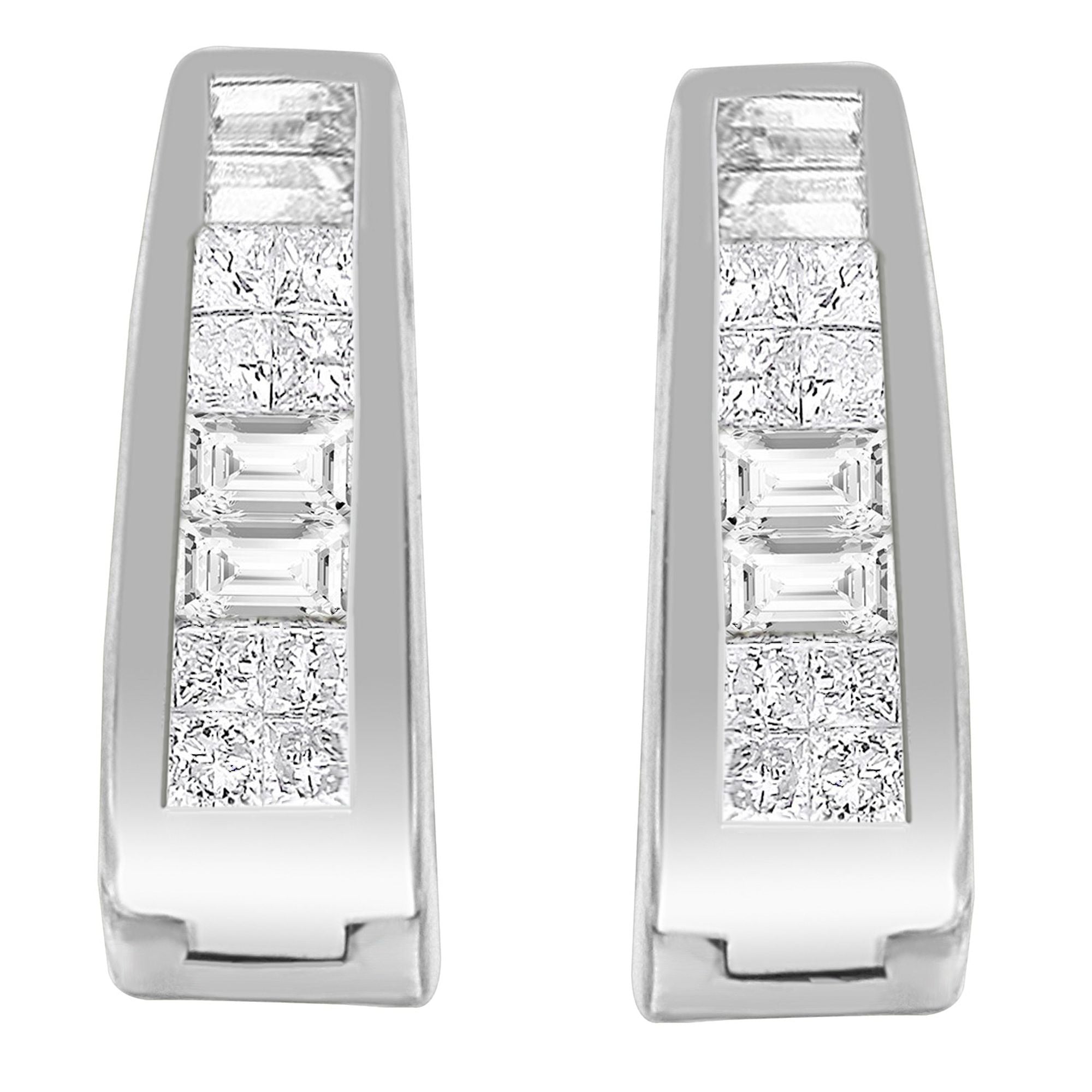 14K White Gold Princess And Baguette-Cut Diamond Long Hoop Earrings(0.50 Cttw,I-J Color,Vs1-Vs2 Clarity)