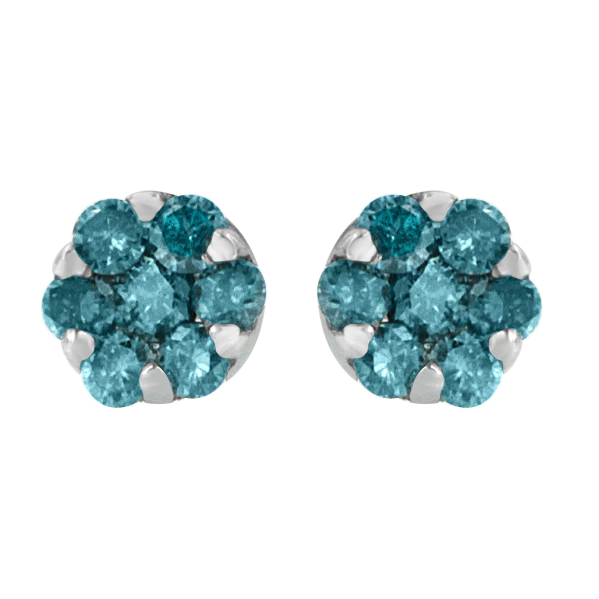 14K White Gold Round Cut Blue Diamond Earrings (1.00 Cttw, Blue Color)