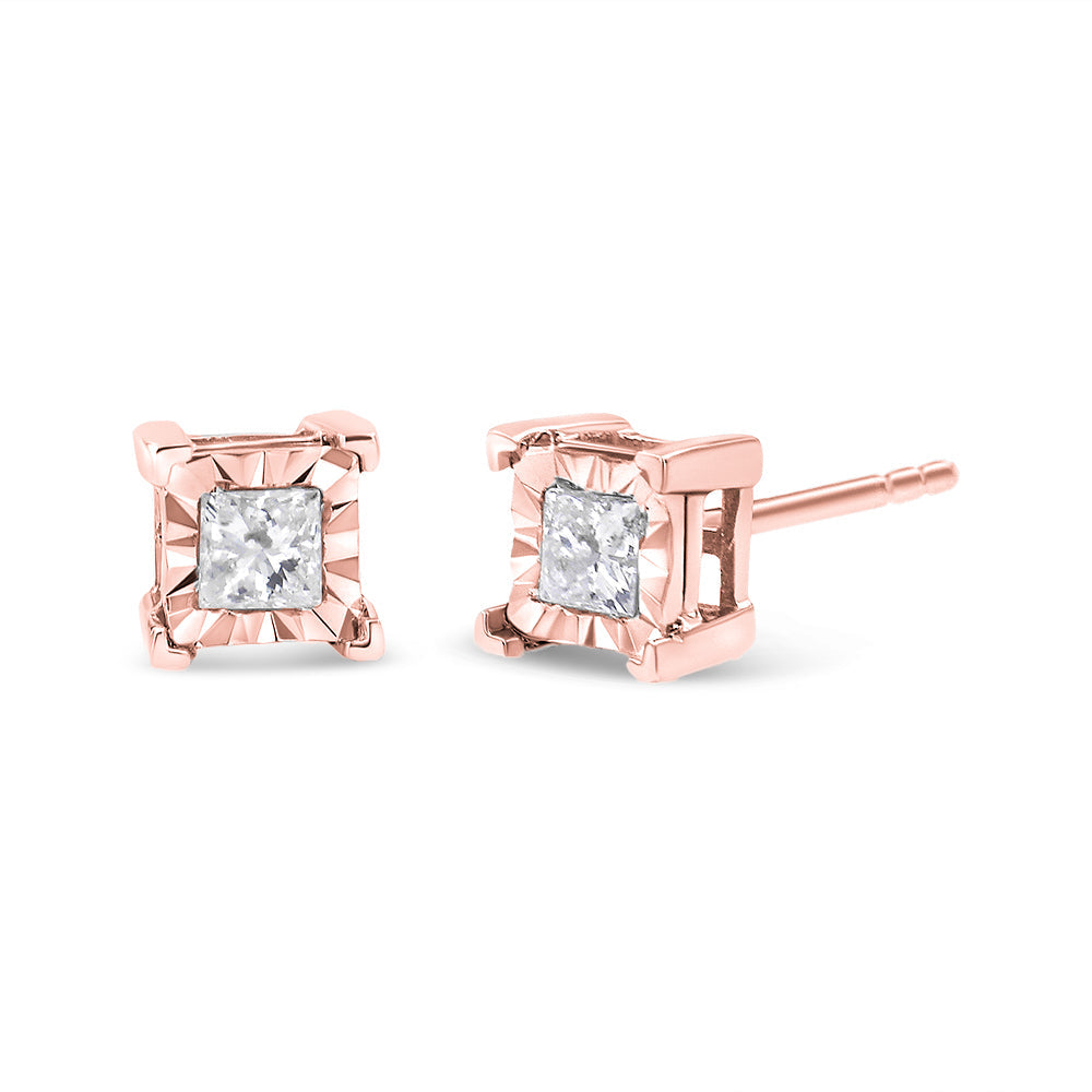 10K Rose Gold Plated .925 Sterling Silver 1/3 Cttw Miracle Set Princess-Cut Diamond Solitaire Stud Earrings (H-I Color, I2-I3 Clarity)