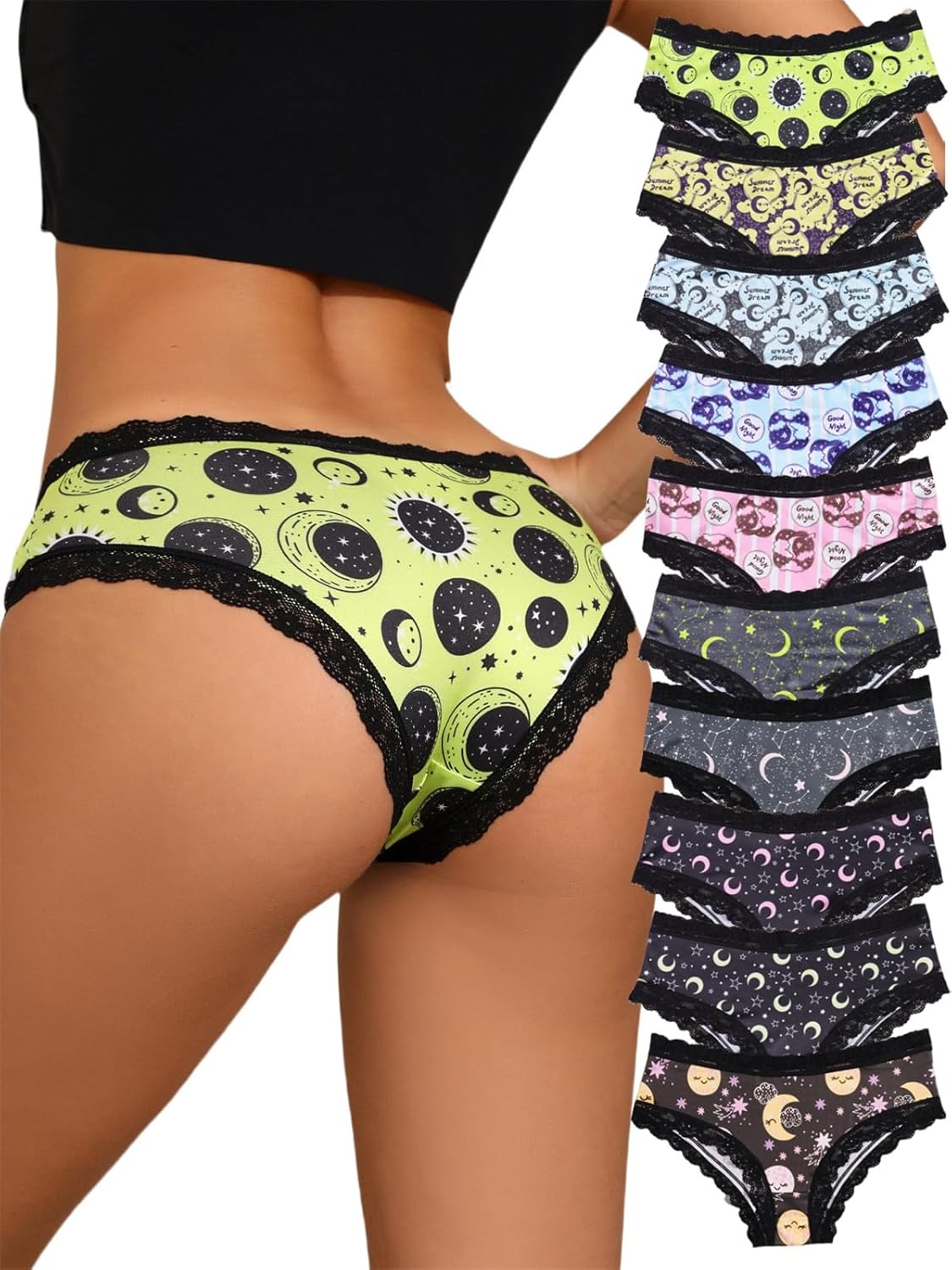 Morvia 10pcs Women's Gothic Contrast Lace Halloween Skull & Rose Print Hipster Panties Assorted Styles