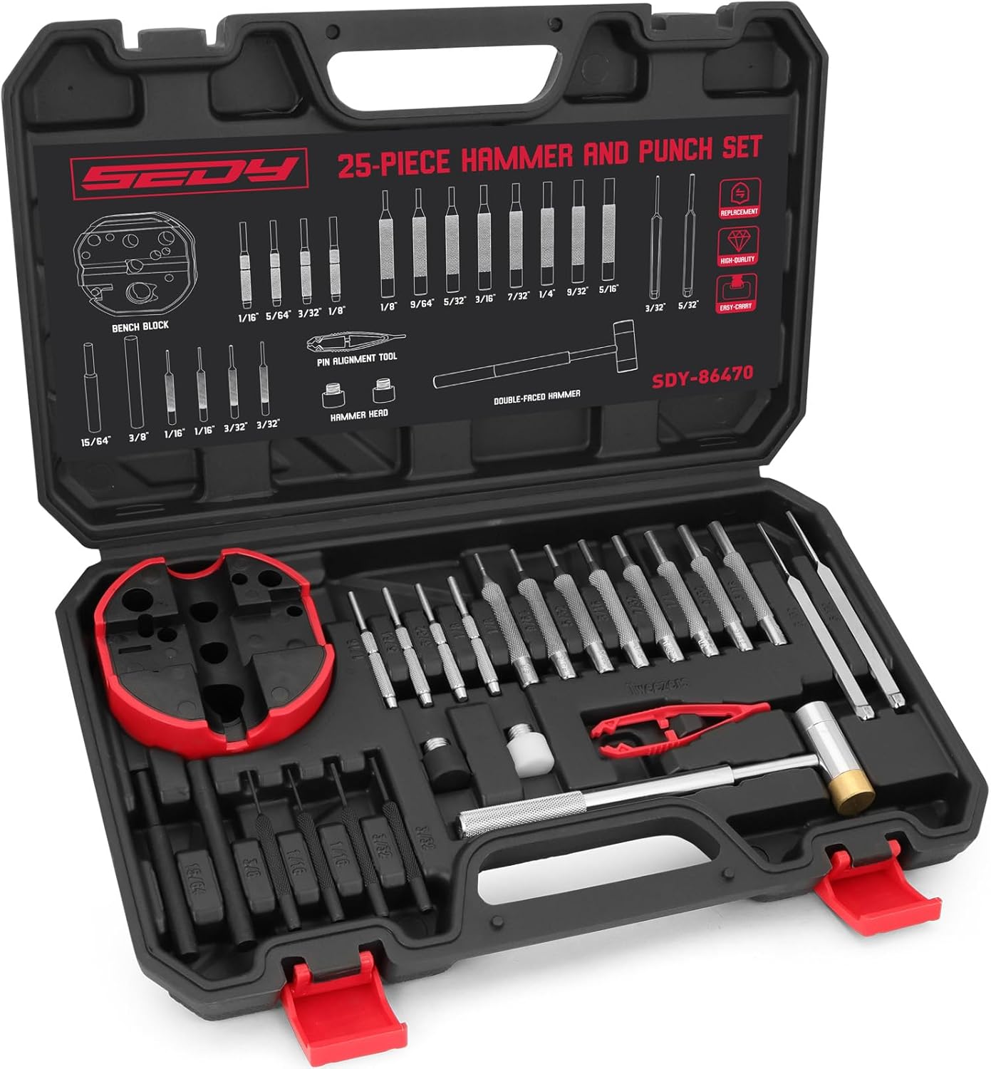 Premium Pin Punch Hammer Set: 25-Piece Punch Set and Hammer with Bench Block, Steel Roll Pin Punch Set, Pin Punches with Replaceable Face Hammer, Mechanical Repair Tool for Maintenance