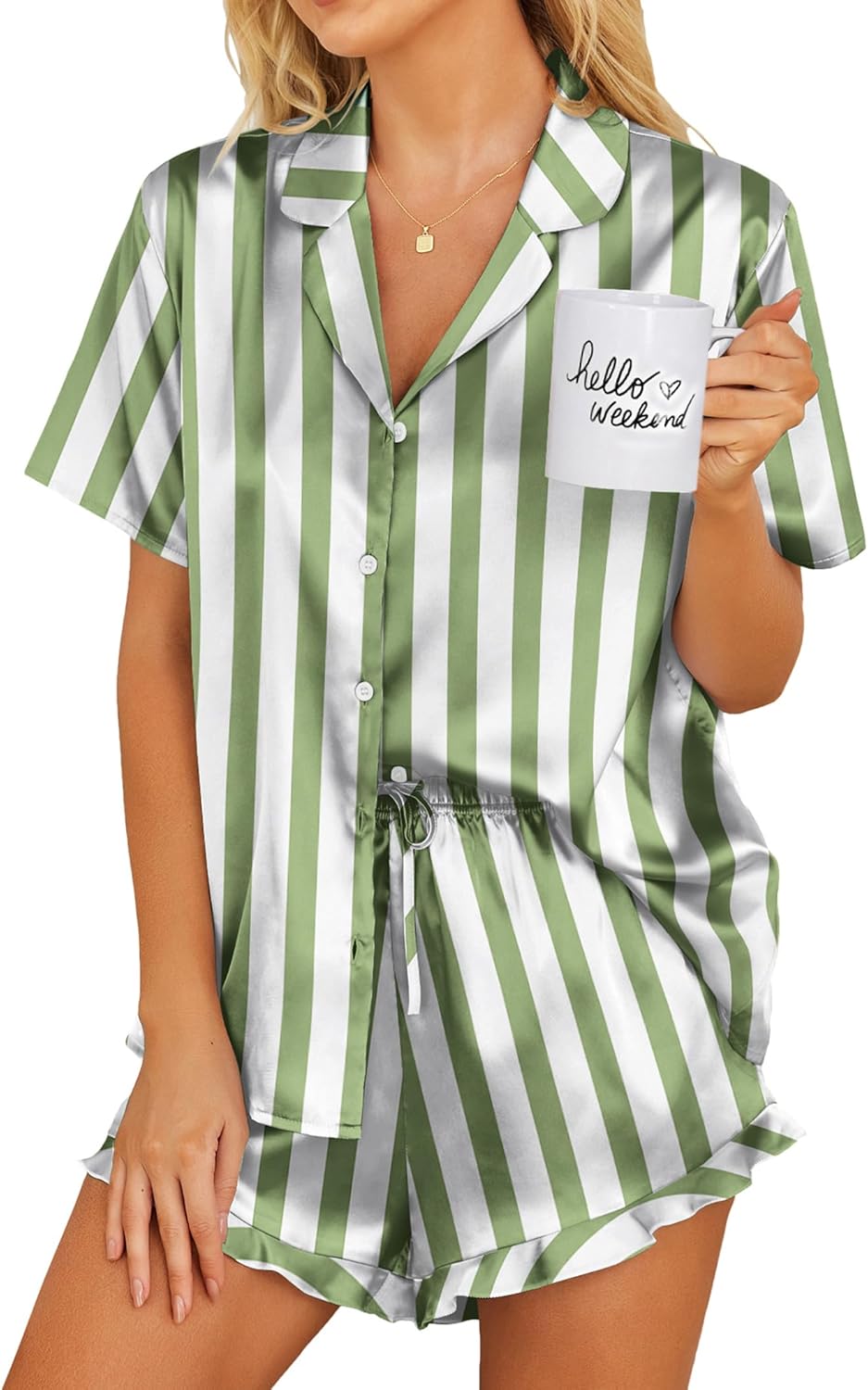 Ekouaer Womens Satin Pajamas Set Button Down 2 Piece Silk Pjs Shorts Set Ruffle Lingerie Notch Collar Sleepwear