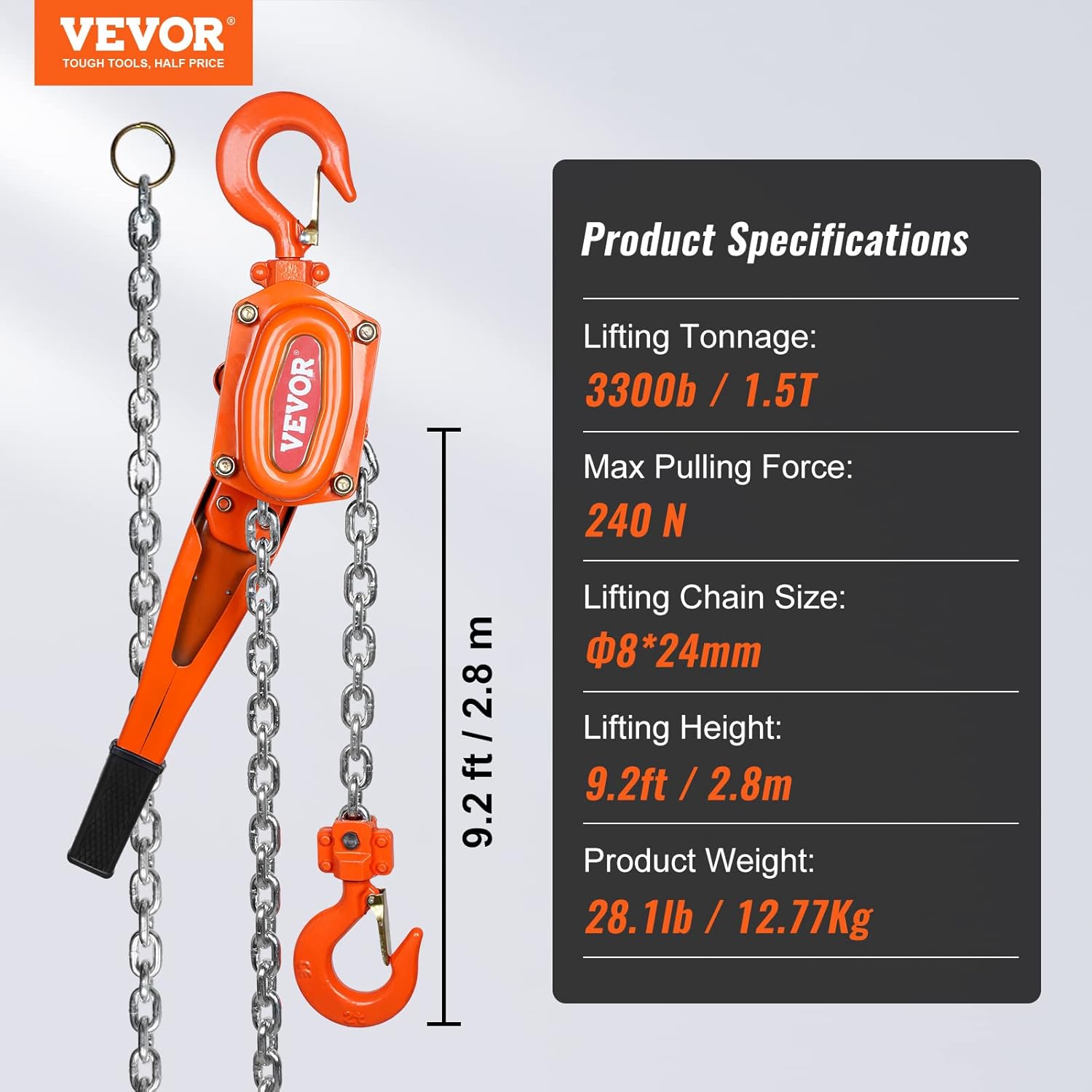 VEVOR Manual Lever Chain Hoist, 1-1/2 Ton 3300 lbs Capacity 10 FT Come Along, G80 Galvanized Carbon Steel with Weston Double-Pawl Brake,Auto Chain Leading & 360° Rotation Hook, for Garage Factory Dock