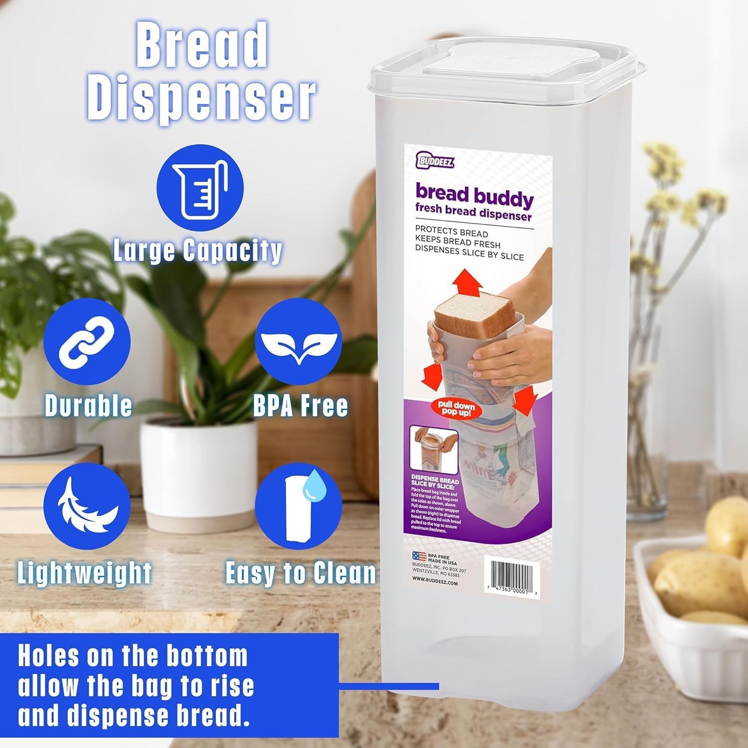 Buddeez Bread Buddy Airtight Bread Storage Container- Slice by Slice Dispensing Design - Perfect Pantry Organizer - White Lid Pack of 2