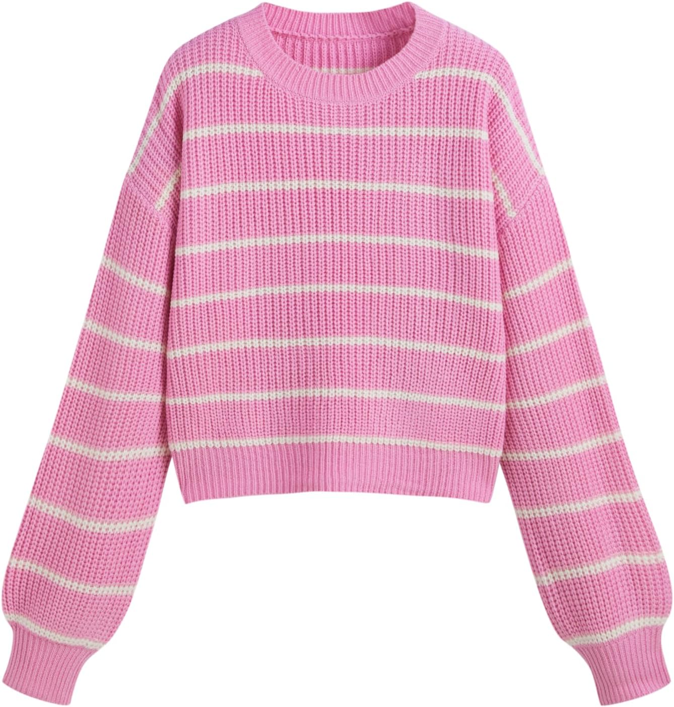 CIDER Women’s Cropped Striped Sweater Long Sleeve Crew Neck Trendy Pullover Tops