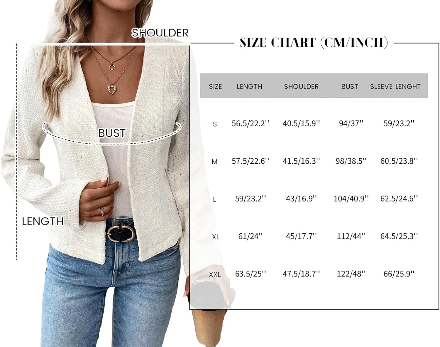 Tweed Blazer Jackets for Women Sweater Blazers Beige Cream Petite Cardigan Collarless Cardigans Sweaters Wool Slim Fitted Jackets Beige L