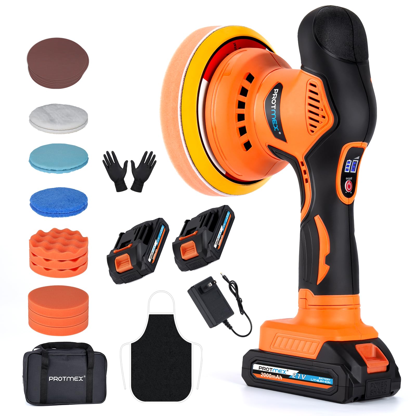 Cordless Car Buffer Polisher w/ 2x2000mAh 21V Batteries, 6 Inch Car buffer Waxer Kit, Car Polishing Machine w/ Extra 18 PCS Attachments & 6 Variable Speed, Car Buffer Polisher for Car Detailing