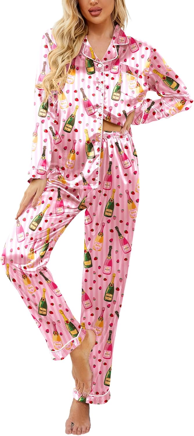 Ekouaer Womens Satin Pajama Set Classic Pattern Silky Pj Sets Button Down Sleepwear Loungewear