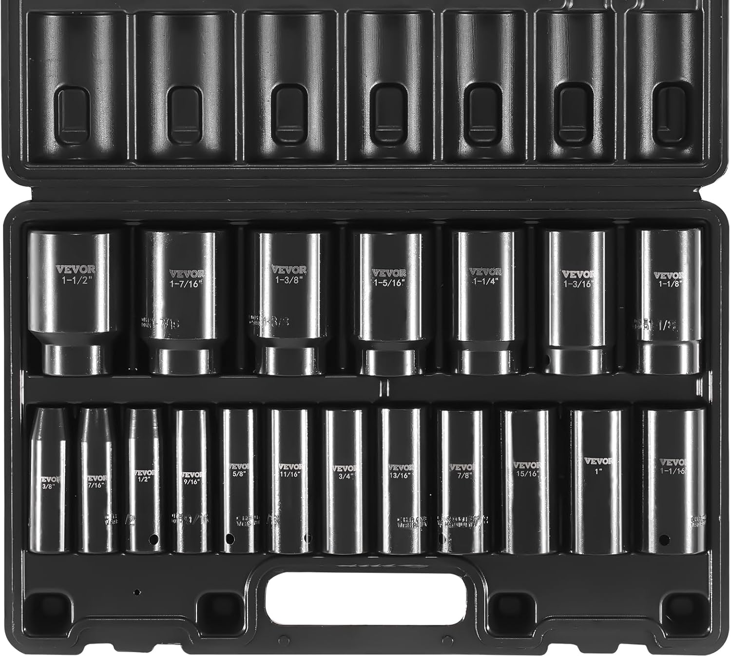 VEVOR 1/2" Drive Impact Socket Set, 65 Piece SAE 3/8" to 1-1/4" and Metric 10-24mm, 6 Point Cr-V Alloy Steel for Auto Repair, Easy-to-Read Size Markings, Rugged Construction, Storage Case