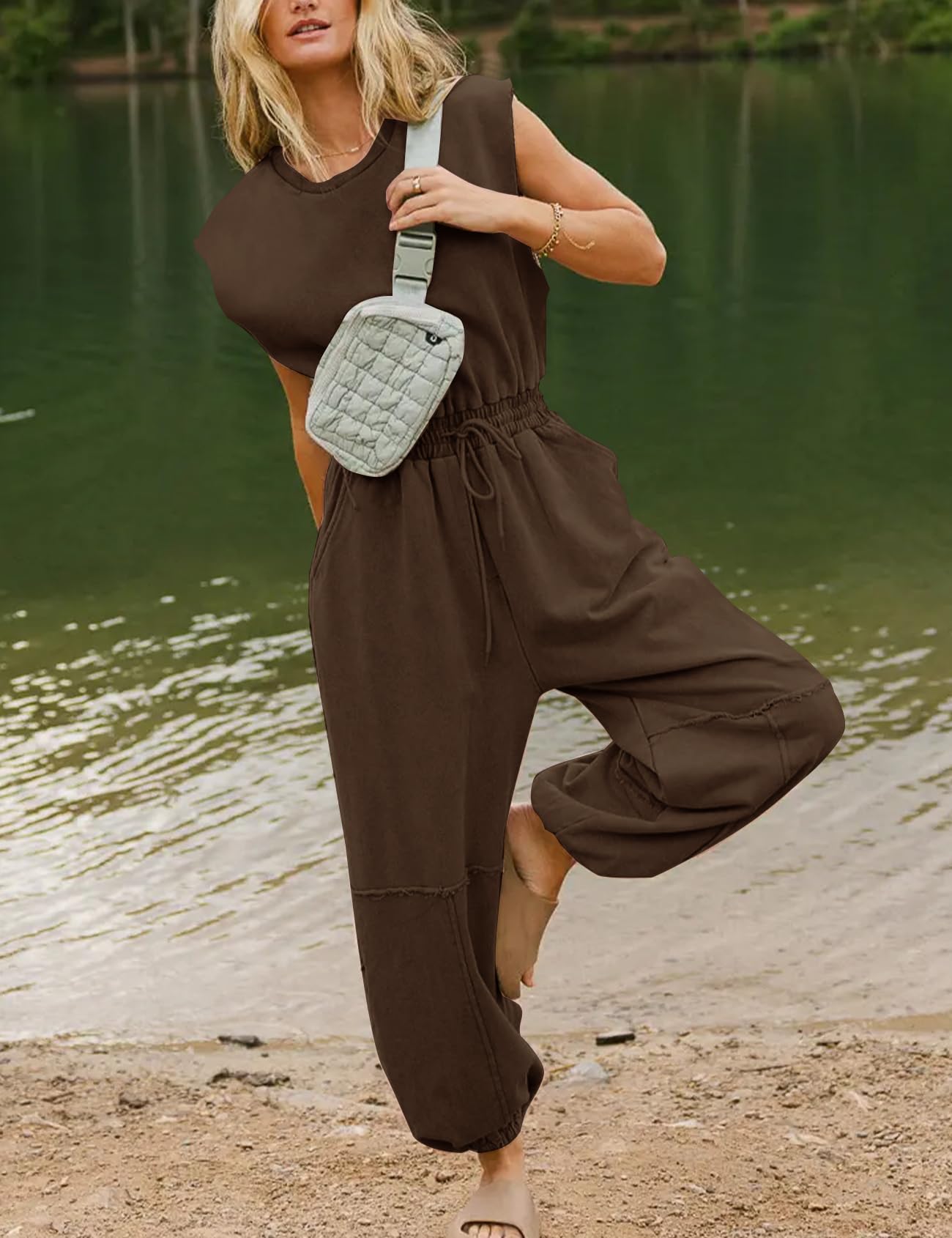 Flygo Womens Casual Jumpsuit Crewneck Cap Sleeve Long Wide Leg Pants One Piece Outfits Drawstring Romper with Pockets(LightGrey-M)