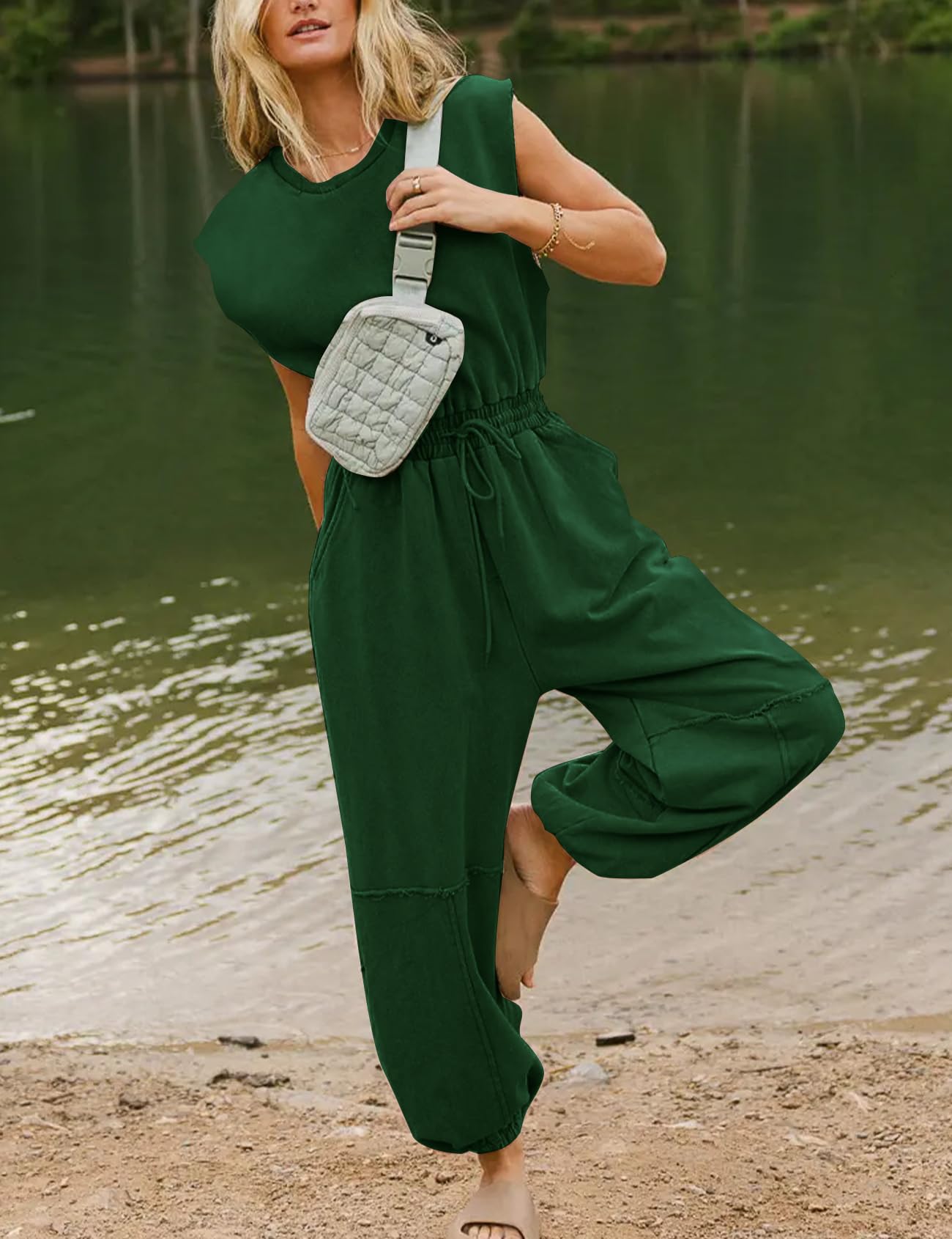 Flygo Womens Casual Jumpsuit Crewneck Cap Sleeve Long Wide Leg Pants One Piece Outfits Drawstring Romper with Pockets(LightGrey-M)