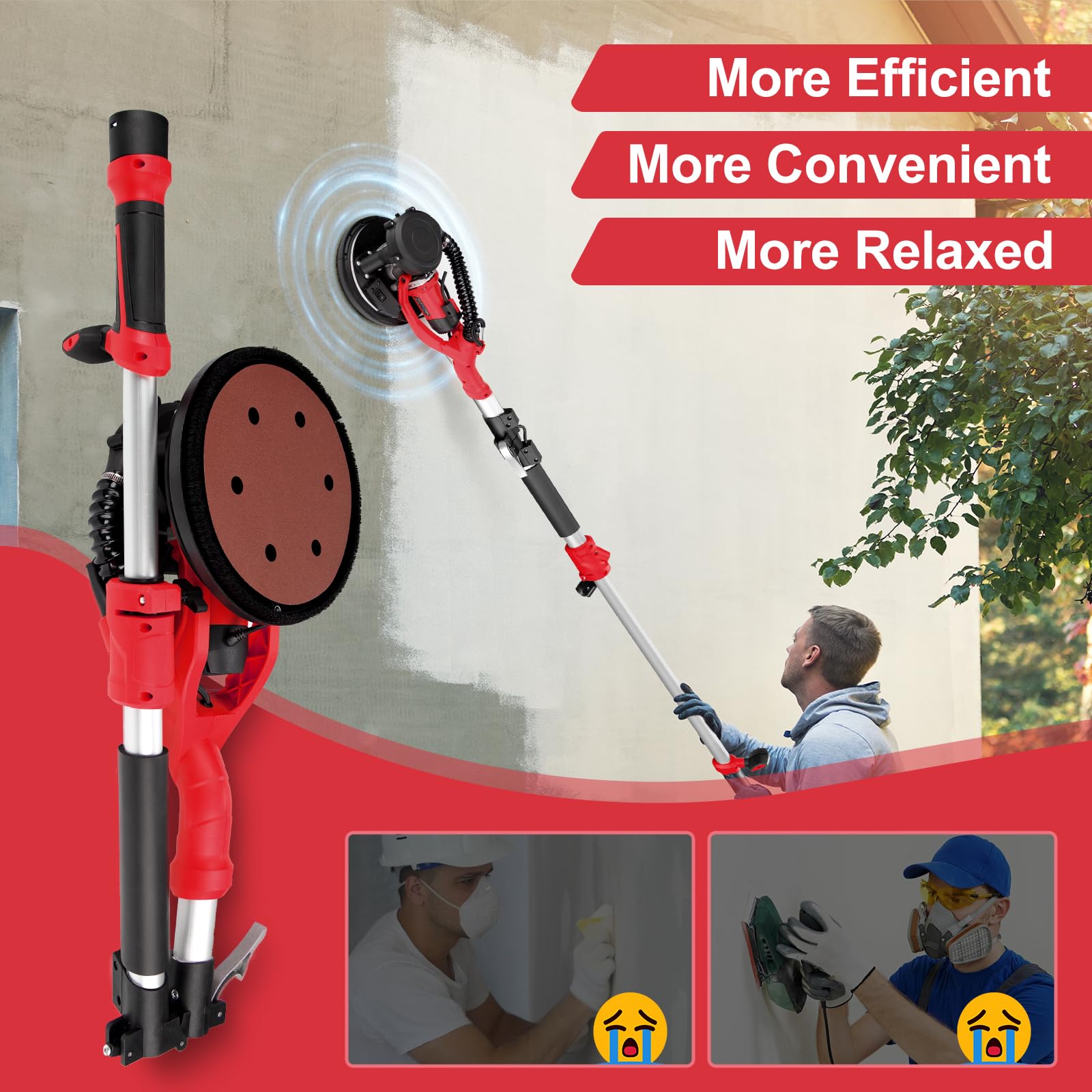 Drywall Sander, 1000W Popcorn Ceiling Removal Tool, Automatic Drywall Sander with Vacuum Dust Collection, LED Light, 6 Variable Speed 800-2200RPM,15Pcs Sanding Discs, Foldable & Extendable Handle