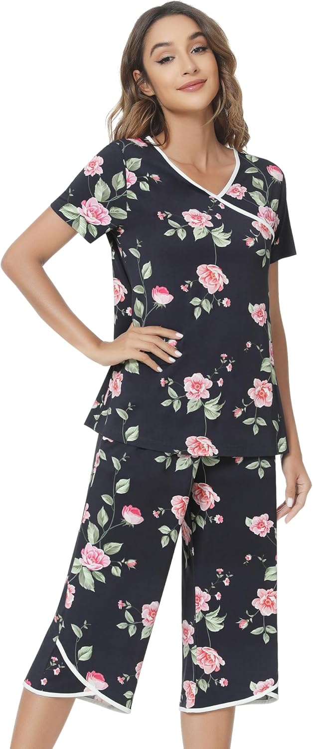 NACHILA Women’s Pajamas-Viscose Made from Bamboo, Short Sleeve Pjs Top with Capri Pajama Sets for Women Cool V Neck Sleepwear