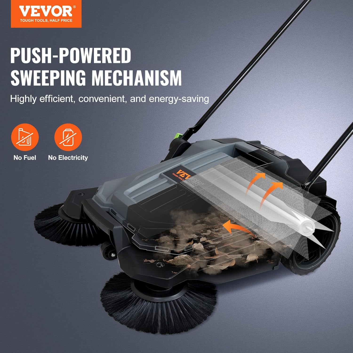 VEVOR Walk-Behind Hand Push Floor Sweeper, 25.6" Sweeping Width Floor Sweeper Manual Non-Electric, 5-Gallon Waste Container, Angle & Height Adjustable Folding Handle for Walkway, Yard, Garage, Patio