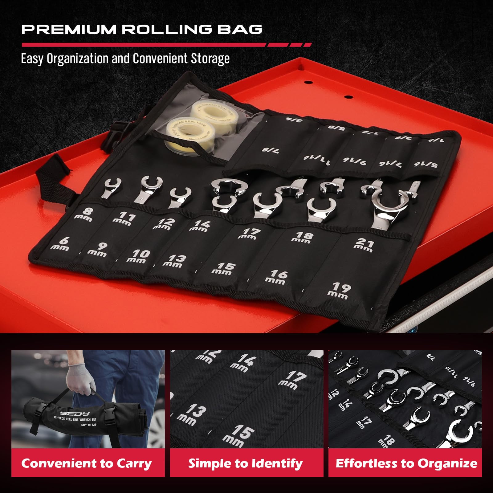 4-Piece Flare Nut Wrench Set - SAE Brake Line Wrench 1/4, 5/16, 3/8, 7/16, 1/2, 9/16, 5/8, 11/16-inch, Professional Offset Heads, Portable Organizer Pouch Included