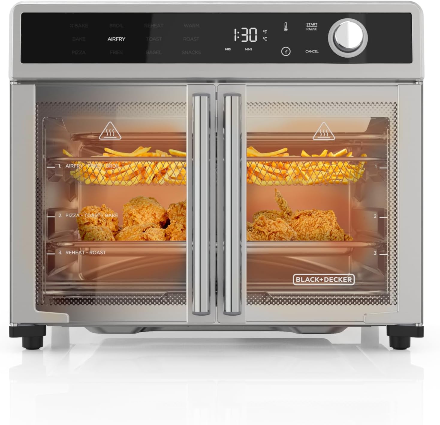 BLACK+DECKER Crisp 'N Bake Air Fryer Toaster Oven Combo, 12 in 1 Countertop Convection Oven Cooks Food Fast, Fits a Whole Pizza or 6 Toast Slices, French Doors with Stainless Steel Finish