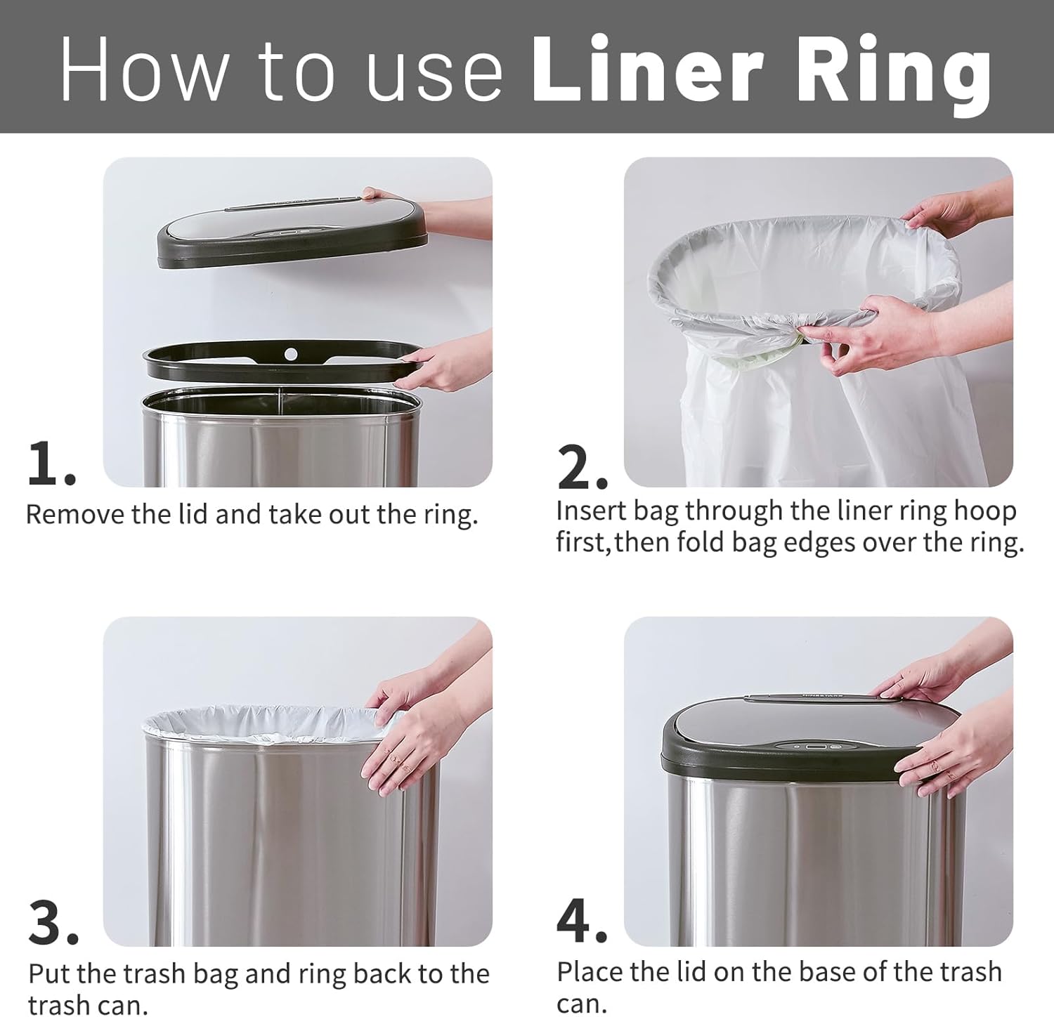 Ninestars Automatic Touchless Infrared Motion Sensor Trash Can, 13 Gal 50L, Stainless Steel Base (Rectangular, Black Lid), Black Trim