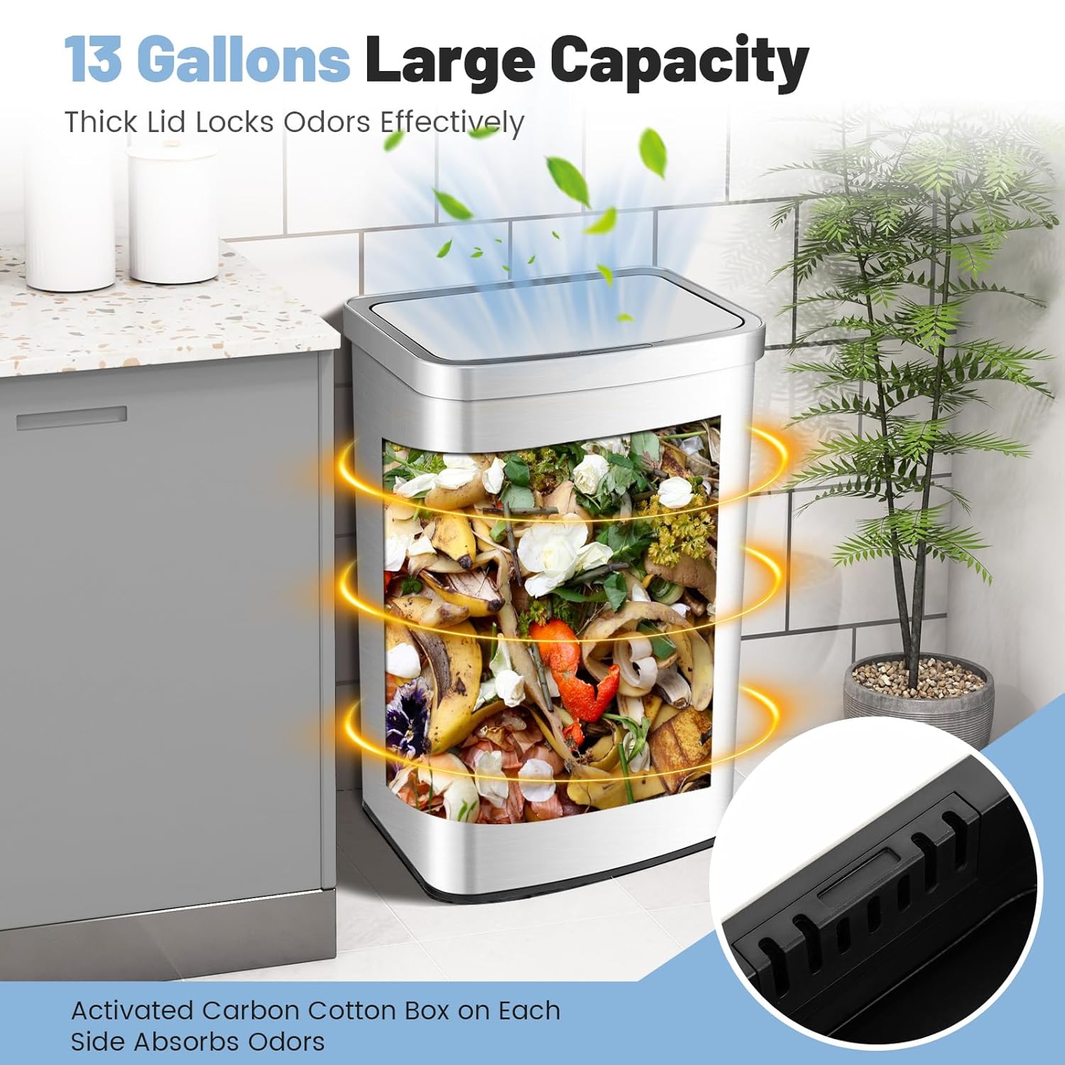 Goplus 13 Gallon/ 50L Touchless Trash Can, Rectangular Motion Sensor Trash Bin with Soft Close Lid & Deodorizer Compartment, Stainless Steel Automatic Garbage Can for Kitchen, Office