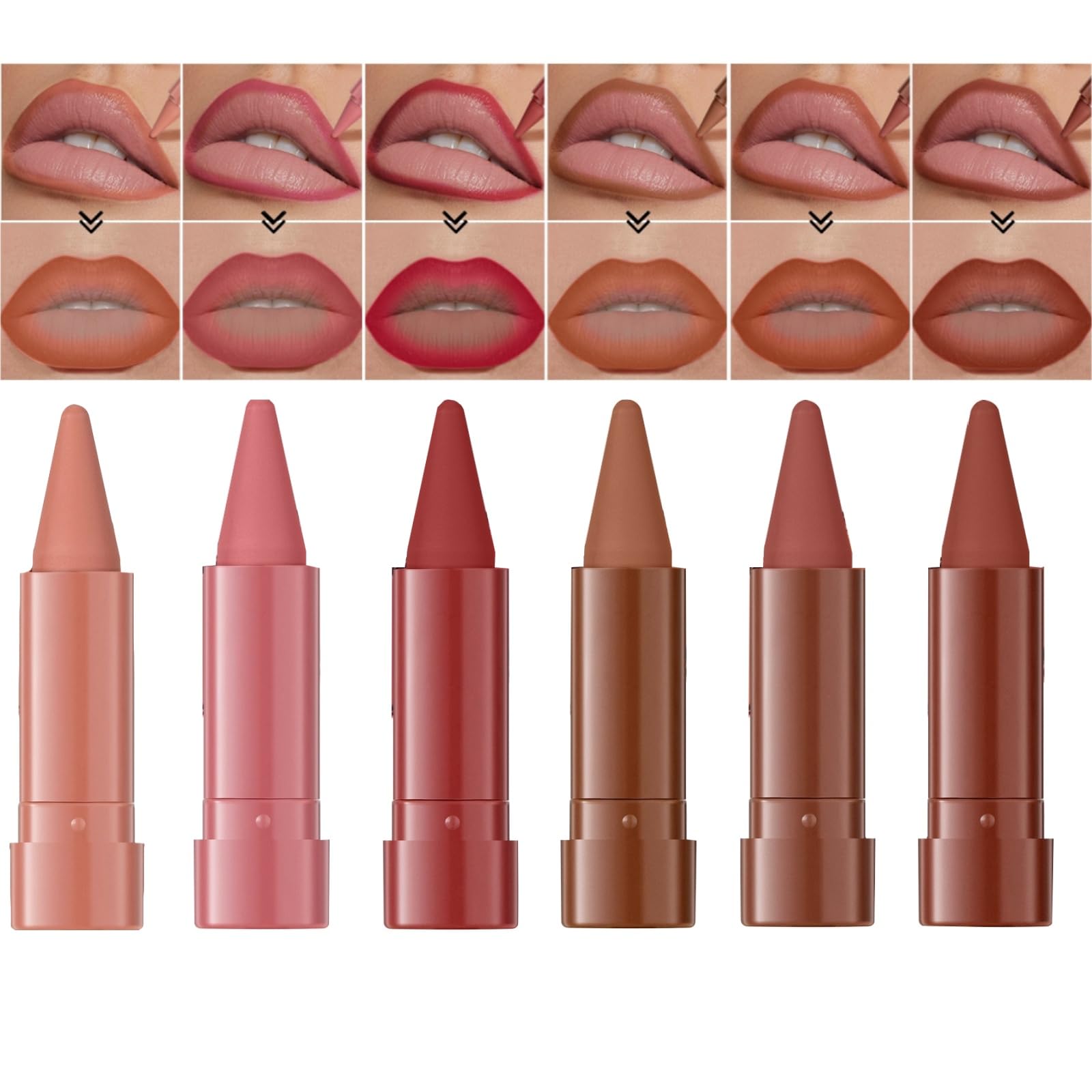 Jolilab 6PCS Lip Liner Lipstick Mini Set, Gradient Matte Nude Velvet Lip Liner Pencil High Pigmented Long Lasting Natural Smooth Lip Makeup Easy-to-Use Crayon Form and Cone Tip