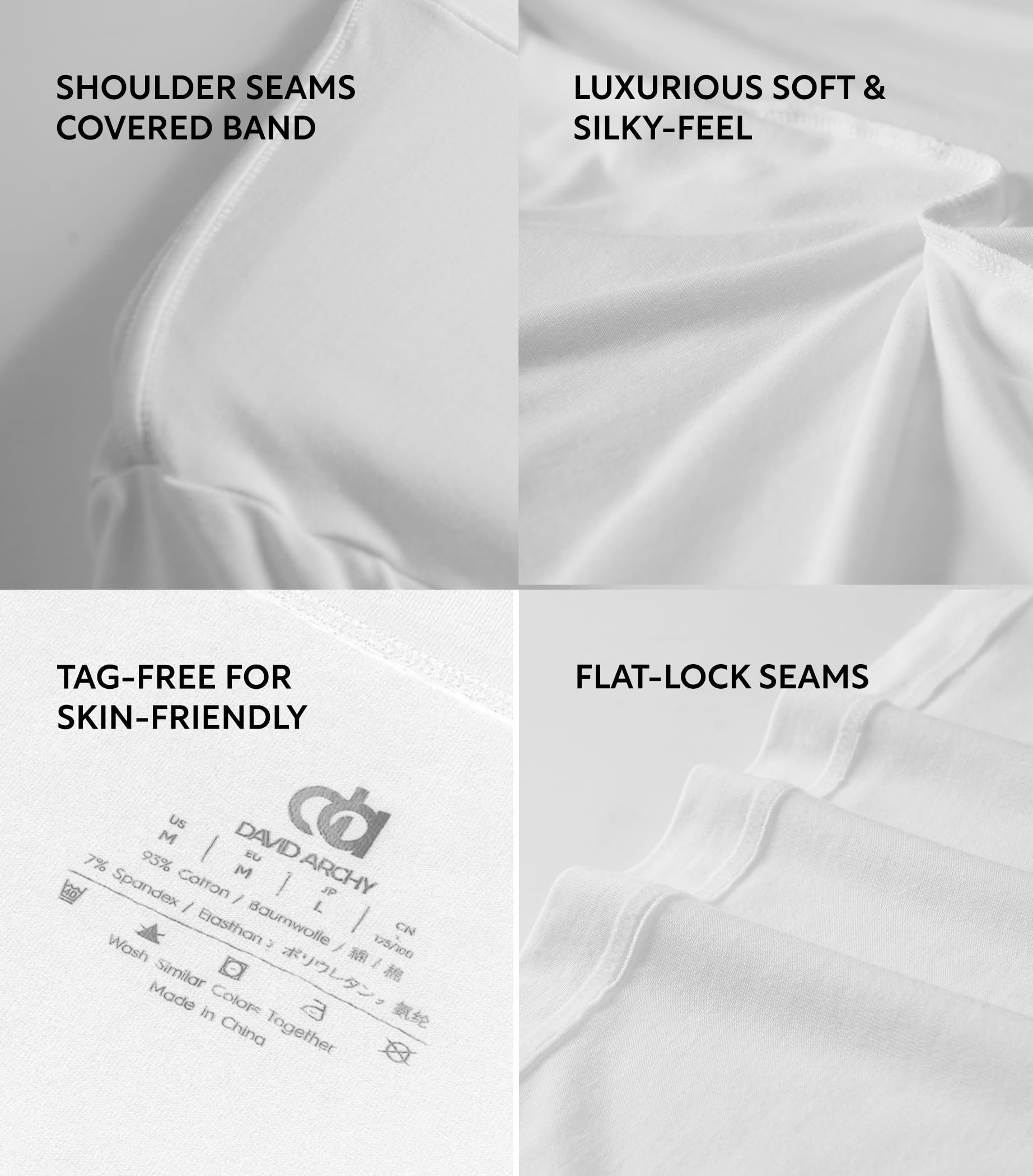 DAVID ARCHY Men's Undershirts Combed Cotton T-Shirt Soft Moisture-Wicking Undershirt Crew Neck or V Neck Tees 3 Pack