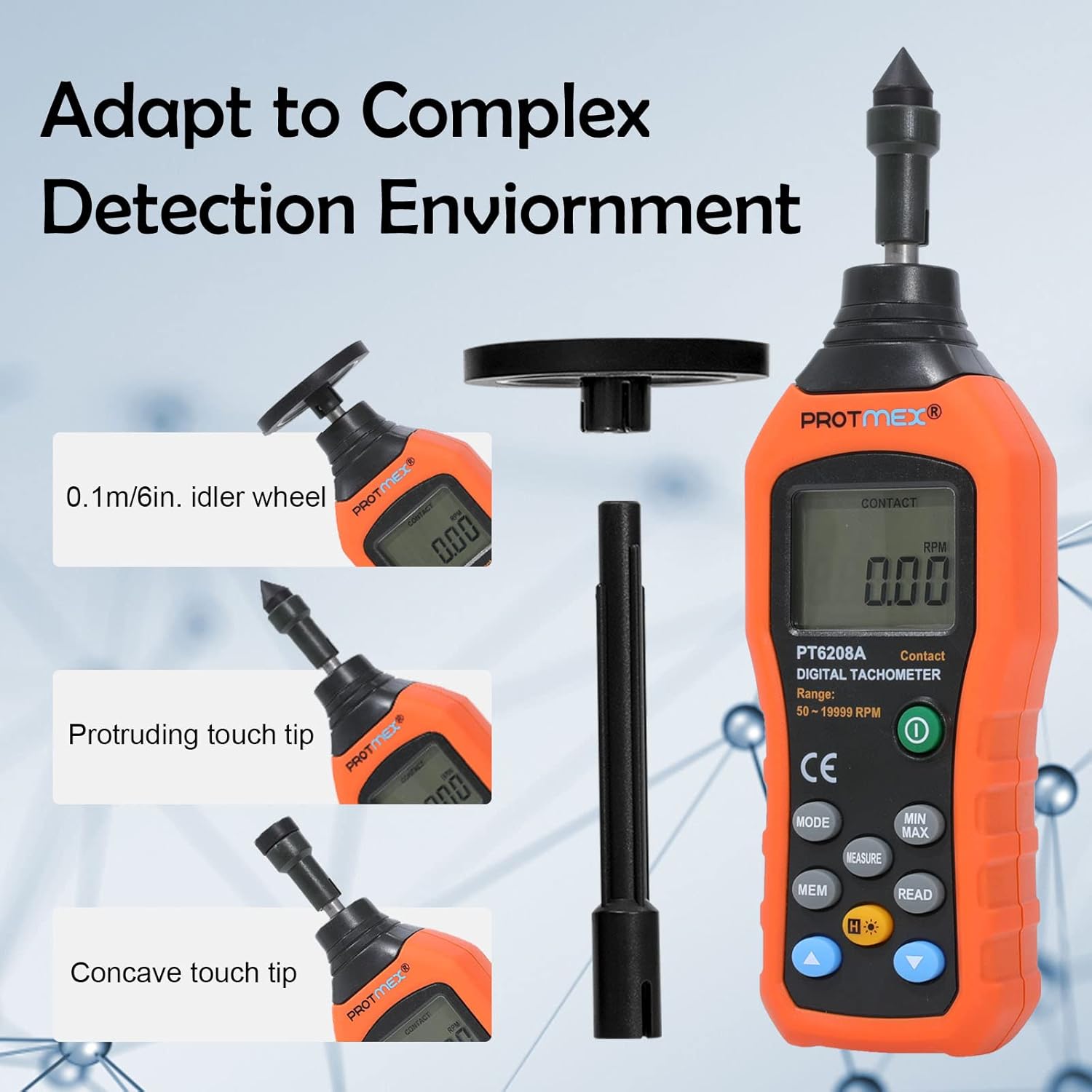 PT6208A Digital Contact Tachometer, Contact Measurement Speed Tach Meter, 50-19999RPM Speed Meter, Contact Tach RPM Meter with 100 Groups Data Logging, Data Hold, Max/Min/AVG, Backlight