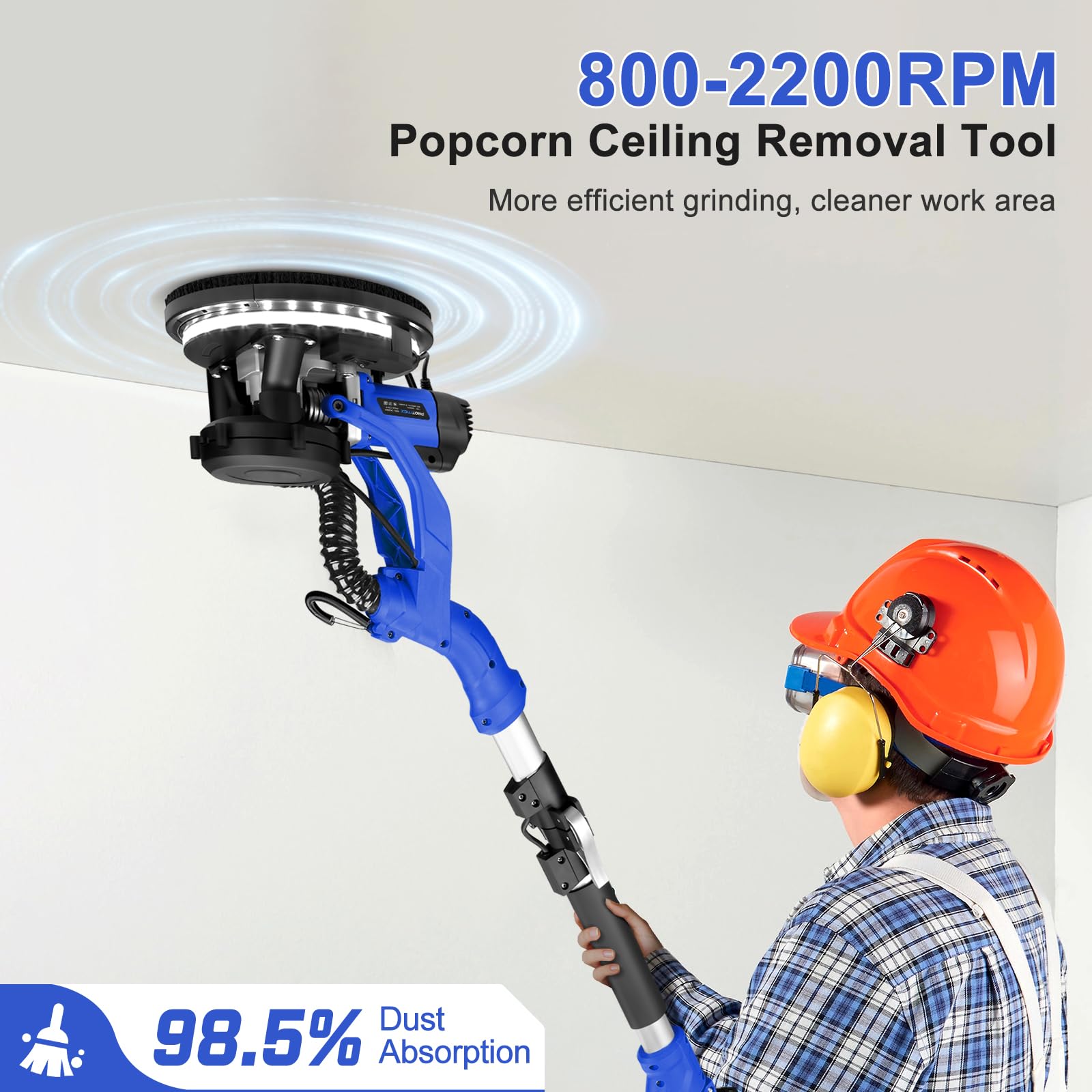 Drywall Sander, 1000W Popcorn Ceiling Removal Tool, Automatic Drywall Sander with Vacuum Dust Collection, LED Light, 6 Variable Speed 800-2200RPM,15Pcs Sanding Discs, Foldable & Extendable Handle