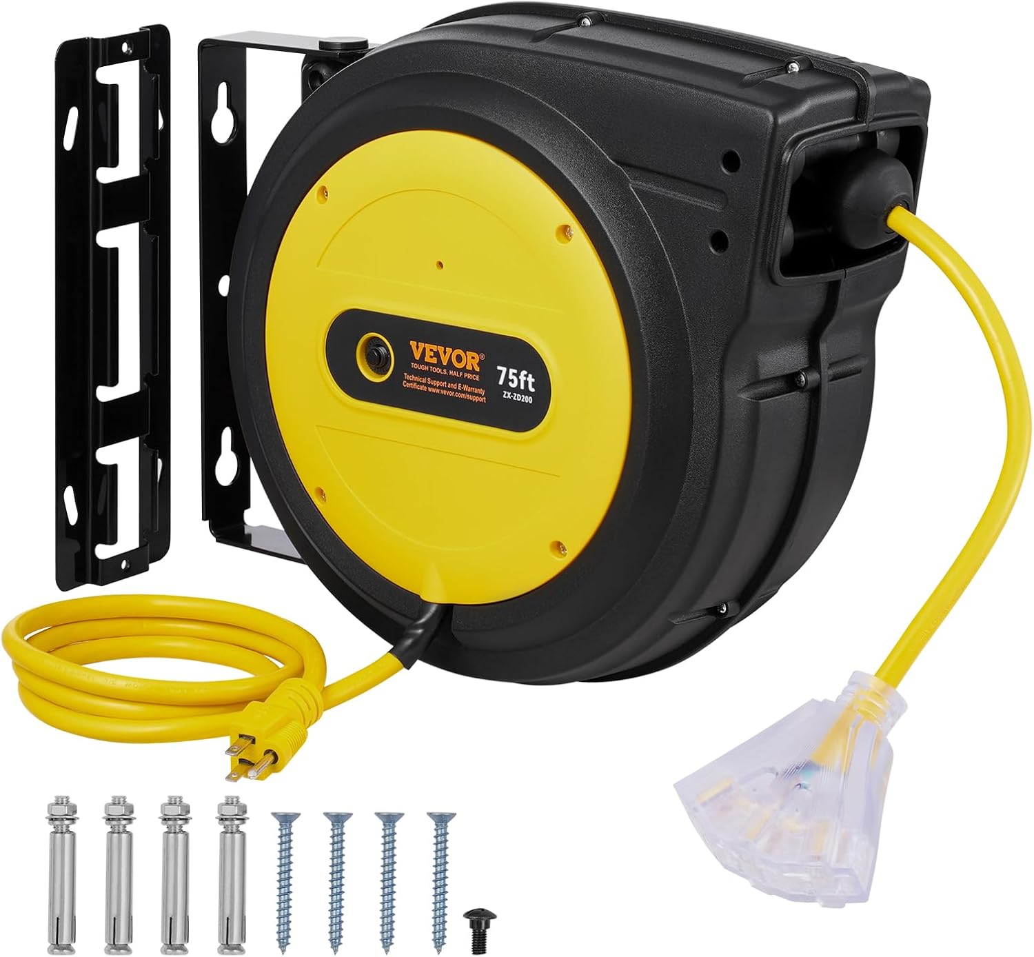 VEVOR Retractable Extension Cord Reel, 45 FT, Heavy Duty 12AWG/3C SJTOW Power Cord, with Lighted Triple Tap Outlet, 15 Amp Circuit Breaker, 180° Swivel Bracket for Ceiling or Wall Mount