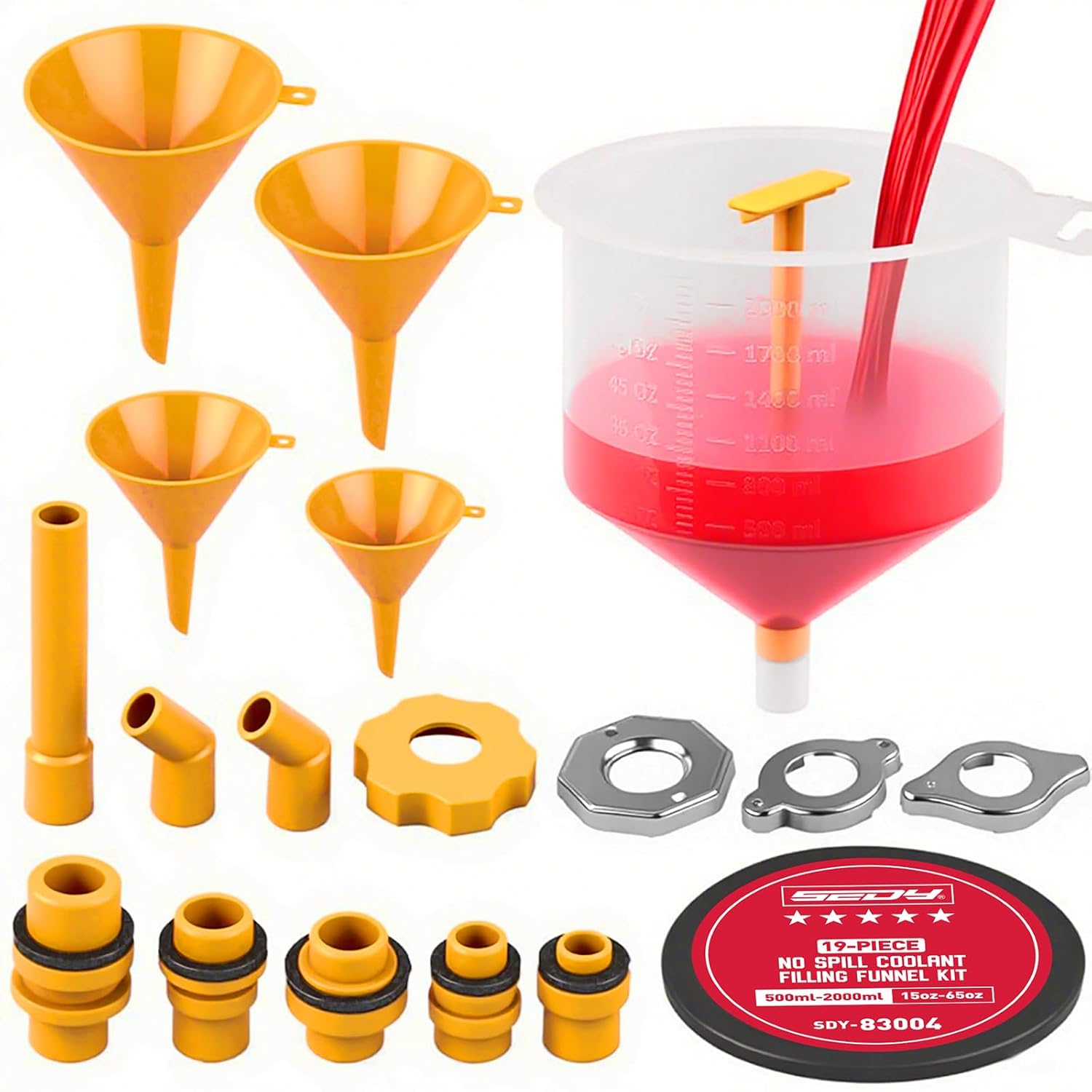 Ultimate No Spill Coolant Funnel Kit - 19-Piece Spill-Free Radiator Funnel Set, Spill Proof Radiator Bleeder Kit, Coolant Filling, Radiator Filler, Extra Funnels and Adapters for Universal Vehicle