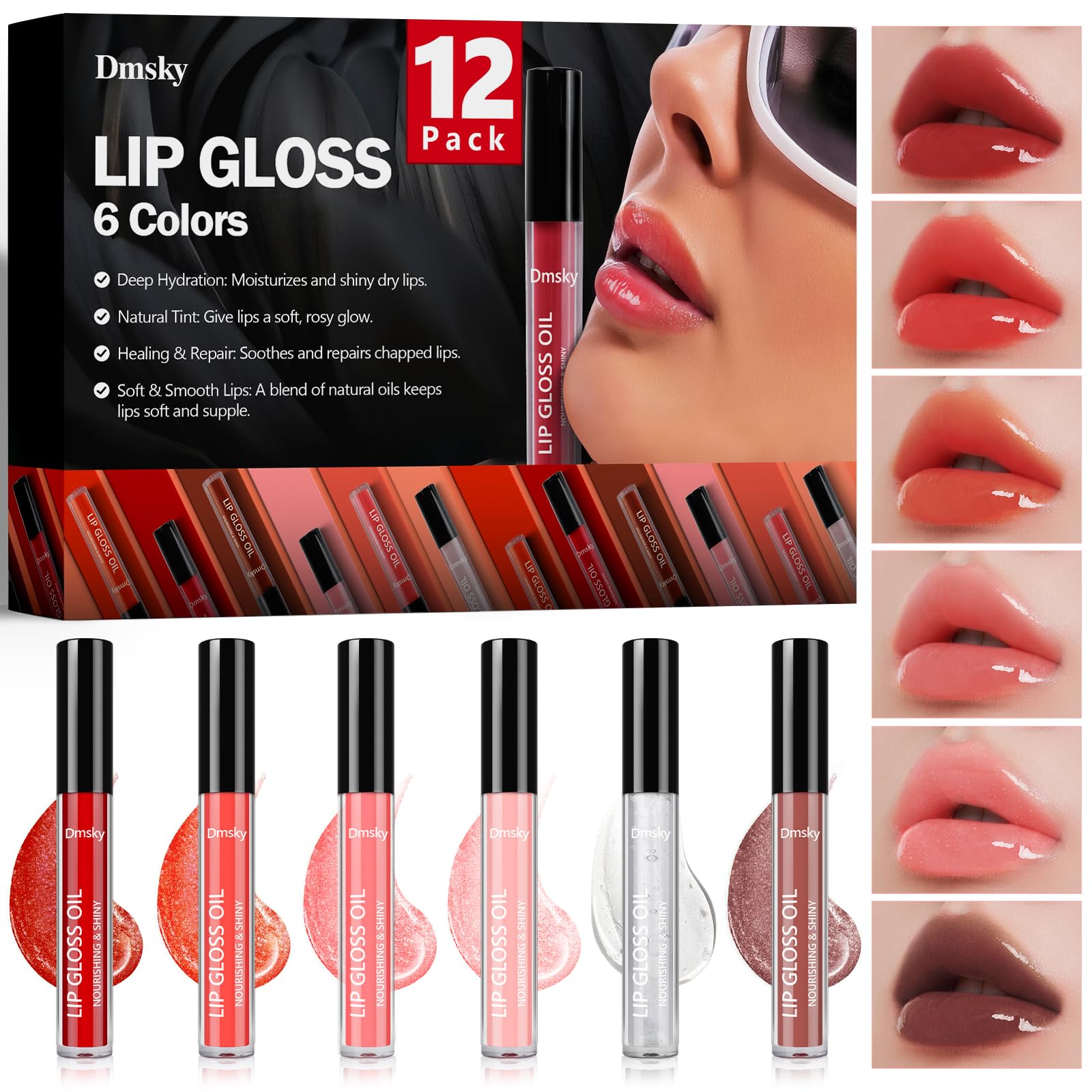 Dmsky 12 Pack Lip Gloss Set, 6 Colors Shiny Soft Lip Gloss Bulk, Lip Oil for Dry Cracked Lips Moisturizing Nourishing,Lip Stain With Rich Varied Colors For Girls and Women Makeup
